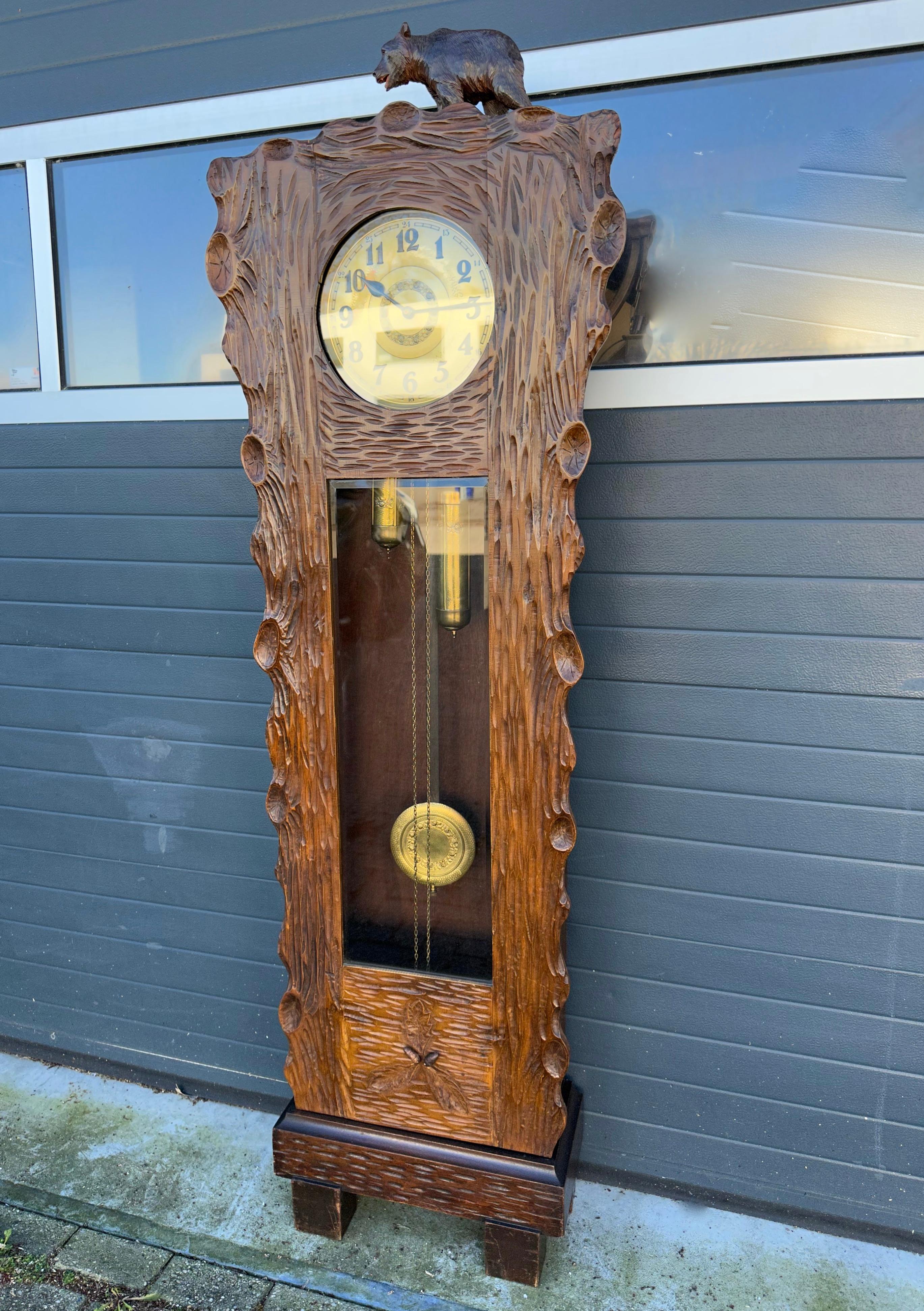 Unique Hand Carved Black Forest Tree Trunk Grandfather or Longcase Clock w. Bear For Sale 2