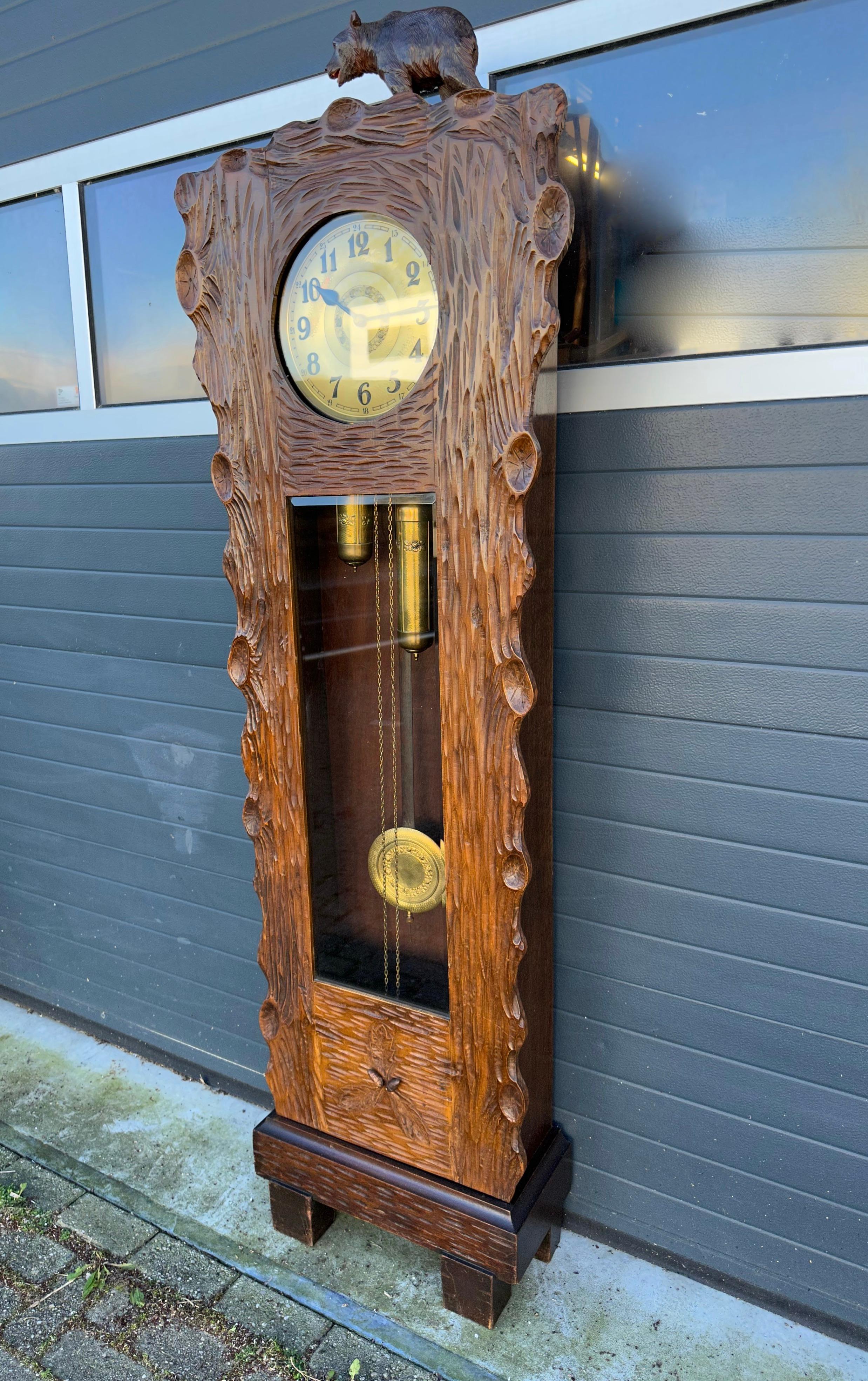 Unique Hand Carved Black Forest Tree Trunk Grandfather or Longcase Clock w. Bear For Sale 3