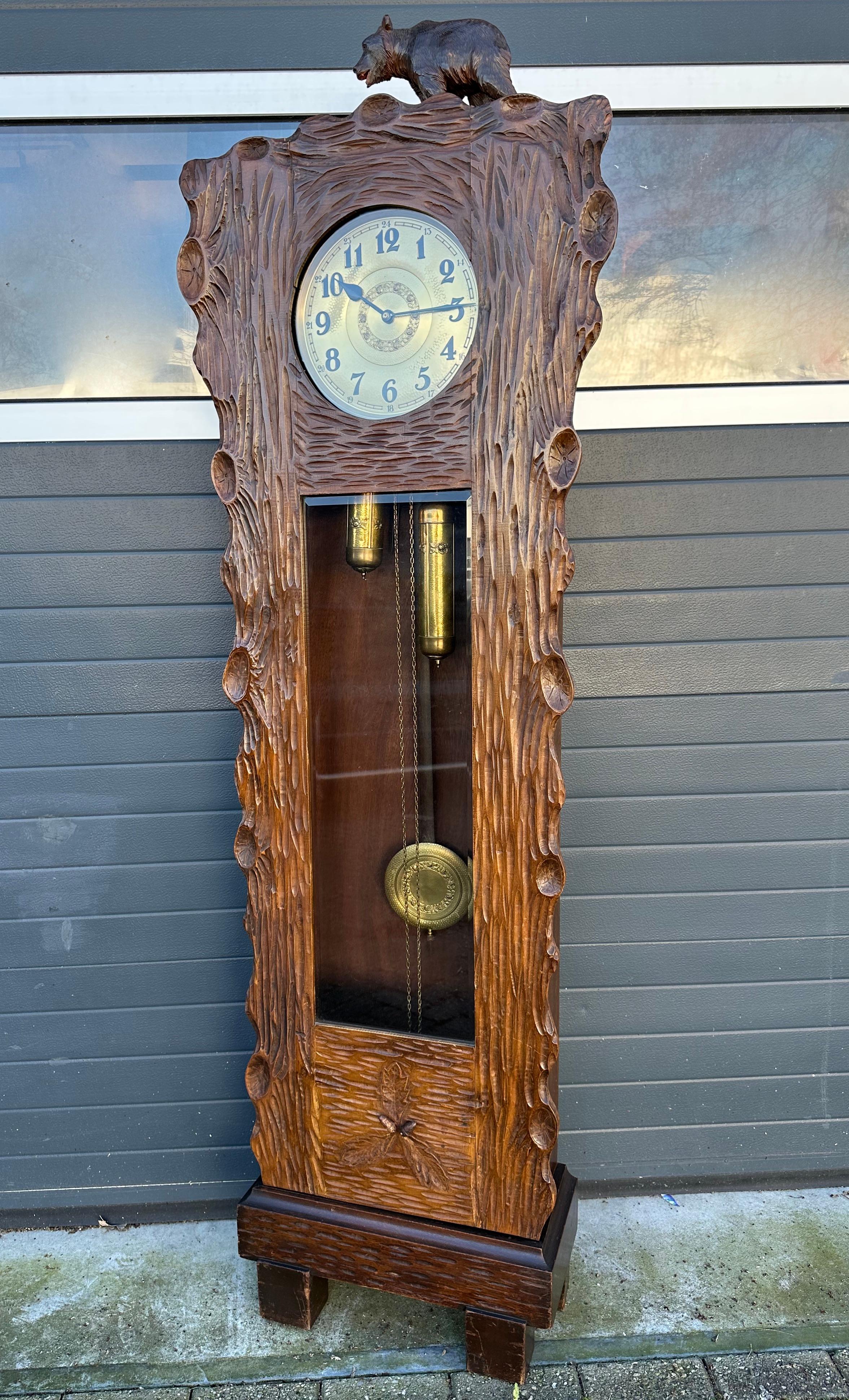 Unique Hand Carved Black Forest Tree Trunk Grandfather or Longcase Clock w. Bear For Sale 7