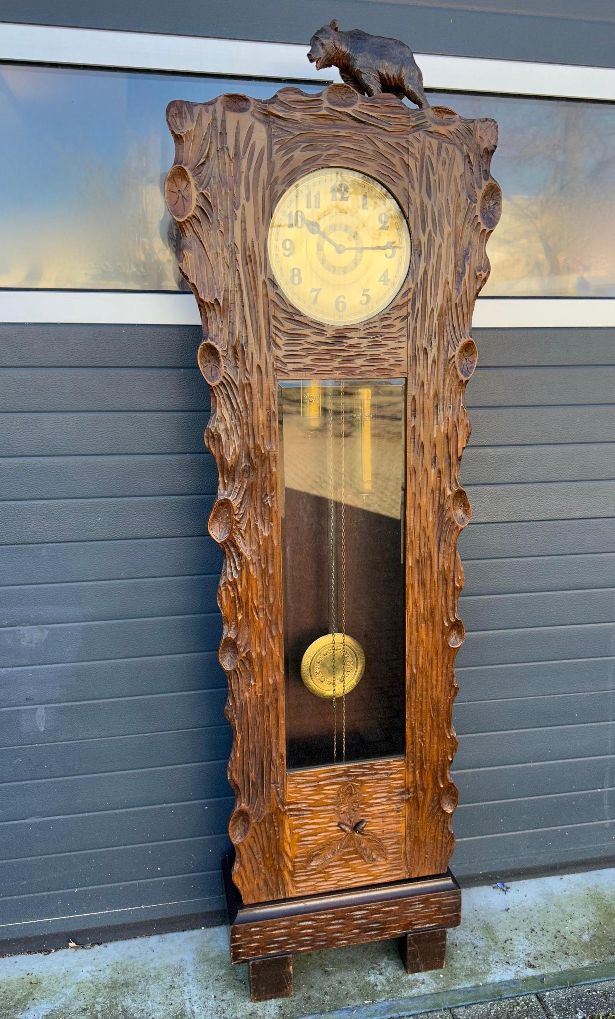 Unique Hand Carved Black Forest Tree Trunk Grandfather or Longcase Clock w. Bear For Sale 10