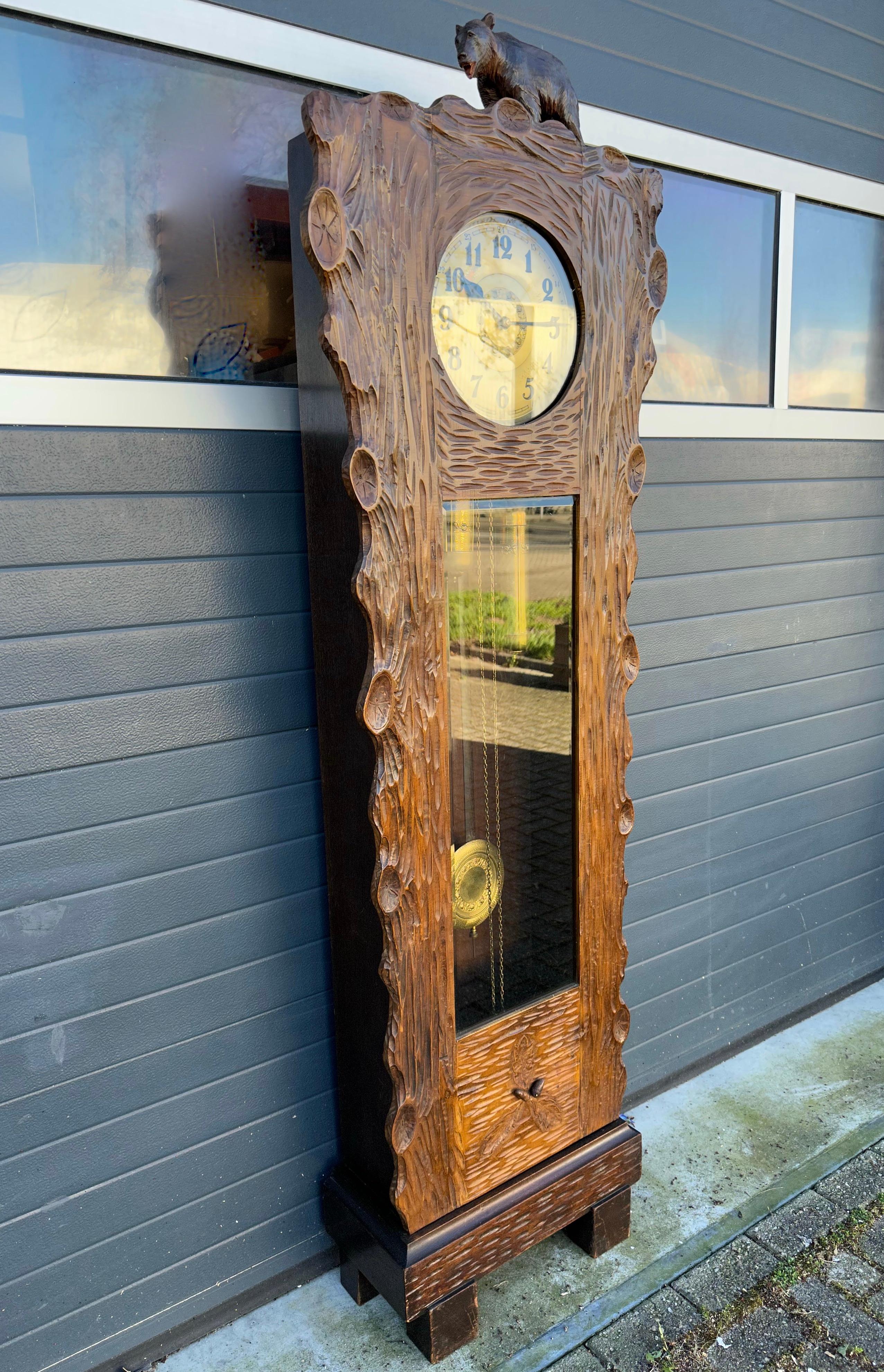 20th Century Unique Hand Carved Black Forest Tree Trunk Grandfather or Longcase Clock w. Bear For Sale
