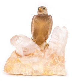 Unique Hand-Carved Citrine Falcon Sculpture w/ Gold Beak & Talons, Signed Zadora