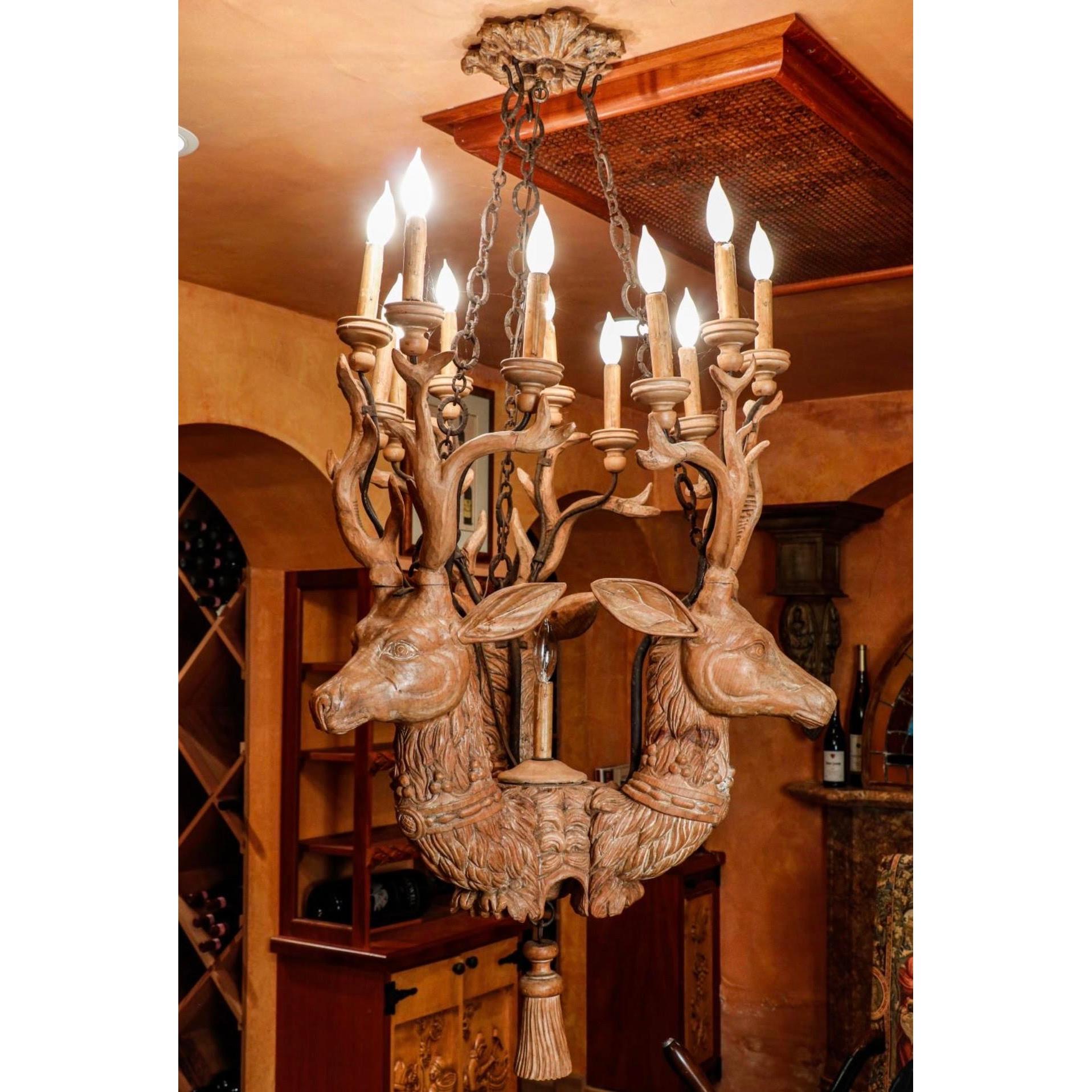 Unique Hand-Carved Custom Swedish Whitewashed Wooden Lodge Chandelier In Excellent Condition In Leesburg, VA