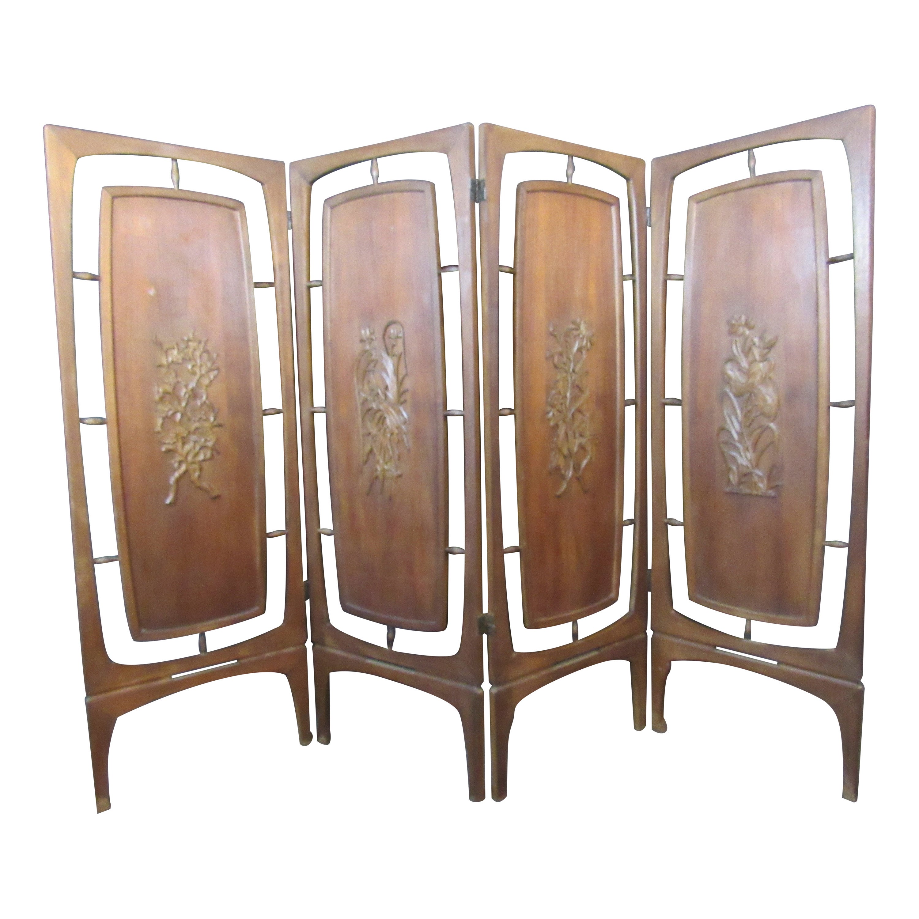 Unique Hand-Carved Floral Walnut Room Divider