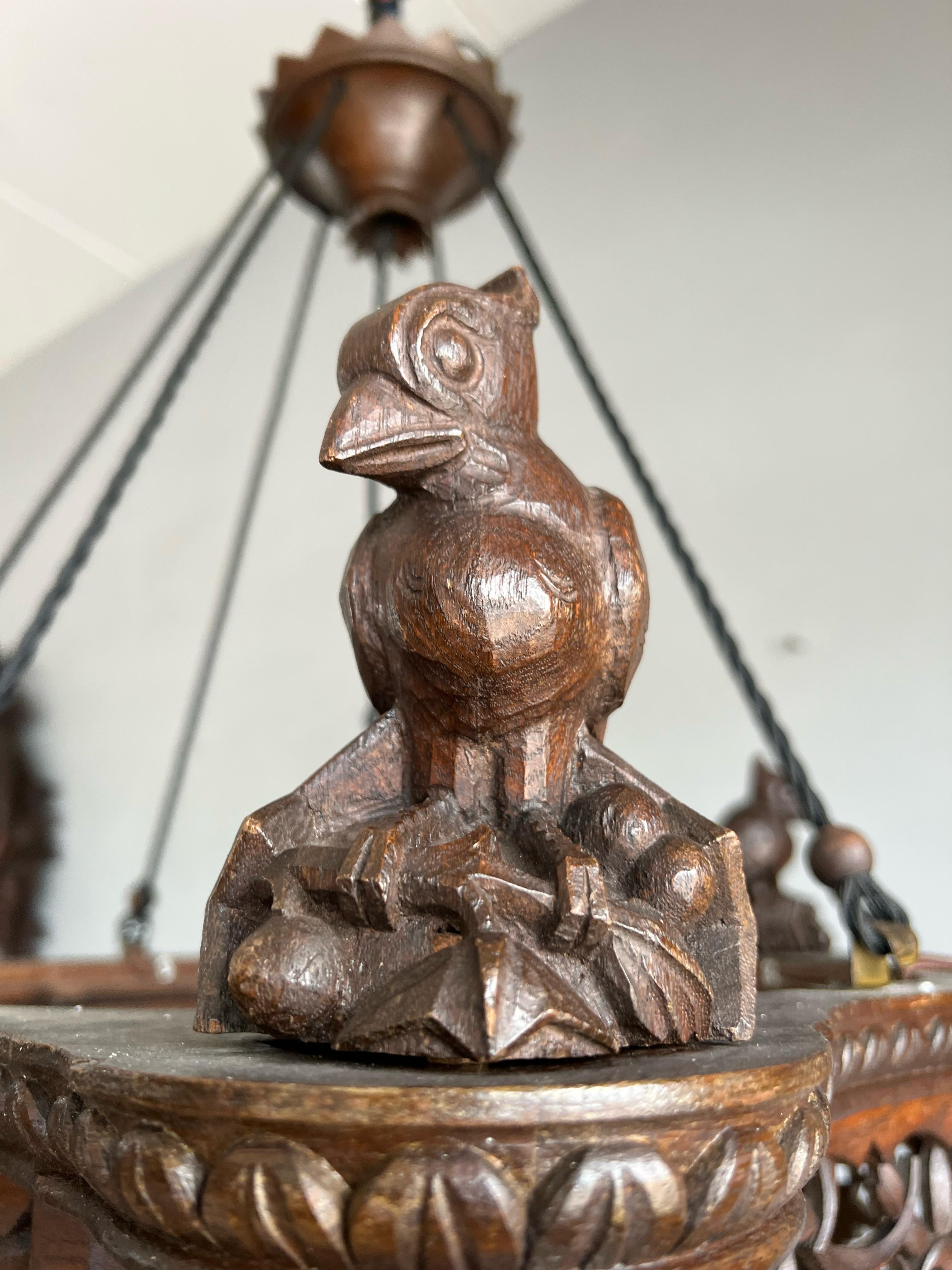 Rarest Hand Carved Oak Art Deco Chandelier Pendant w. Six Woodpecker Sculptures For Sale 4