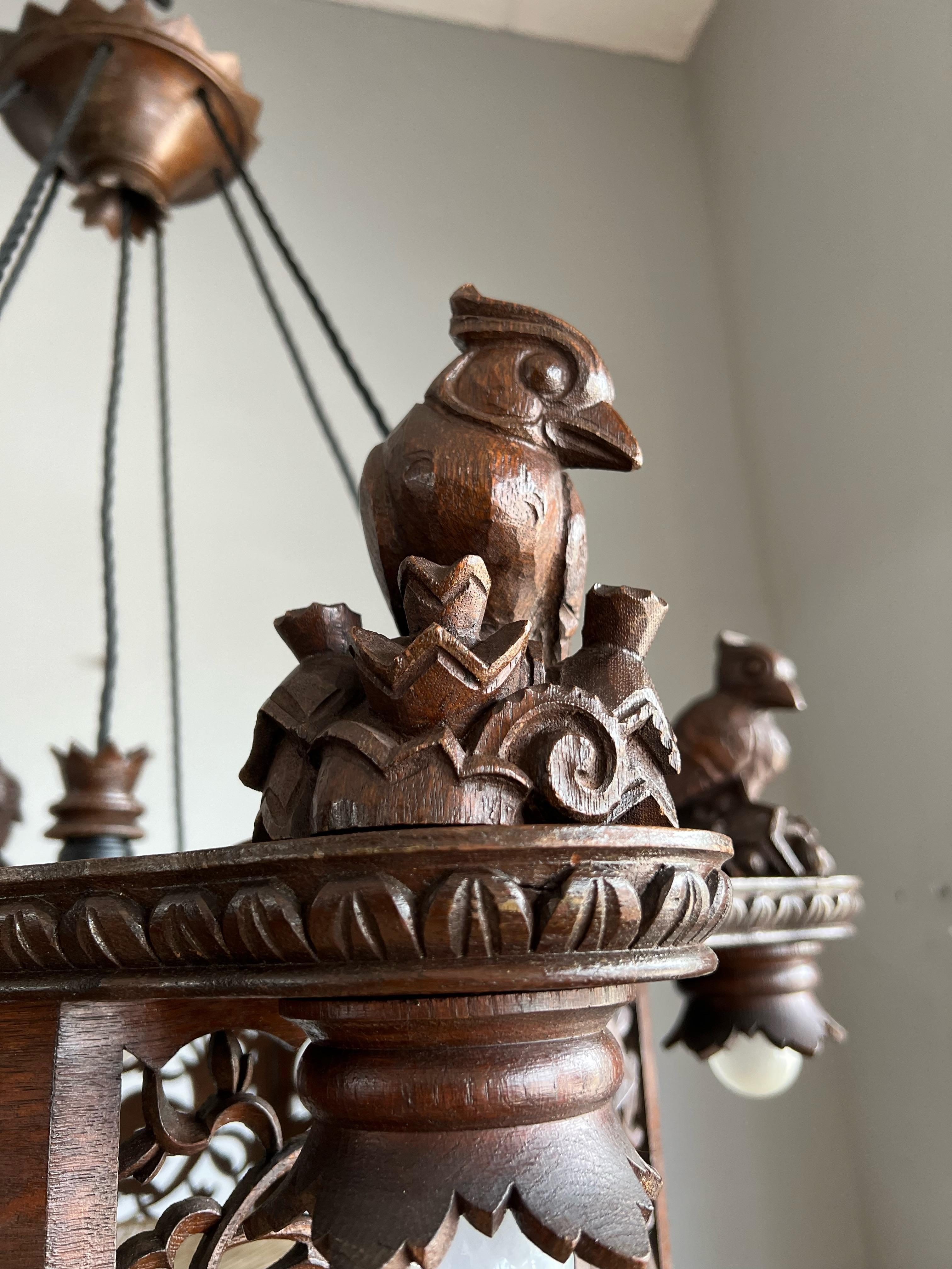 Rarest Hand Carved Oak Art Deco Chandelier Pendant w. Six Woodpecker Sculptures For Sale 5
