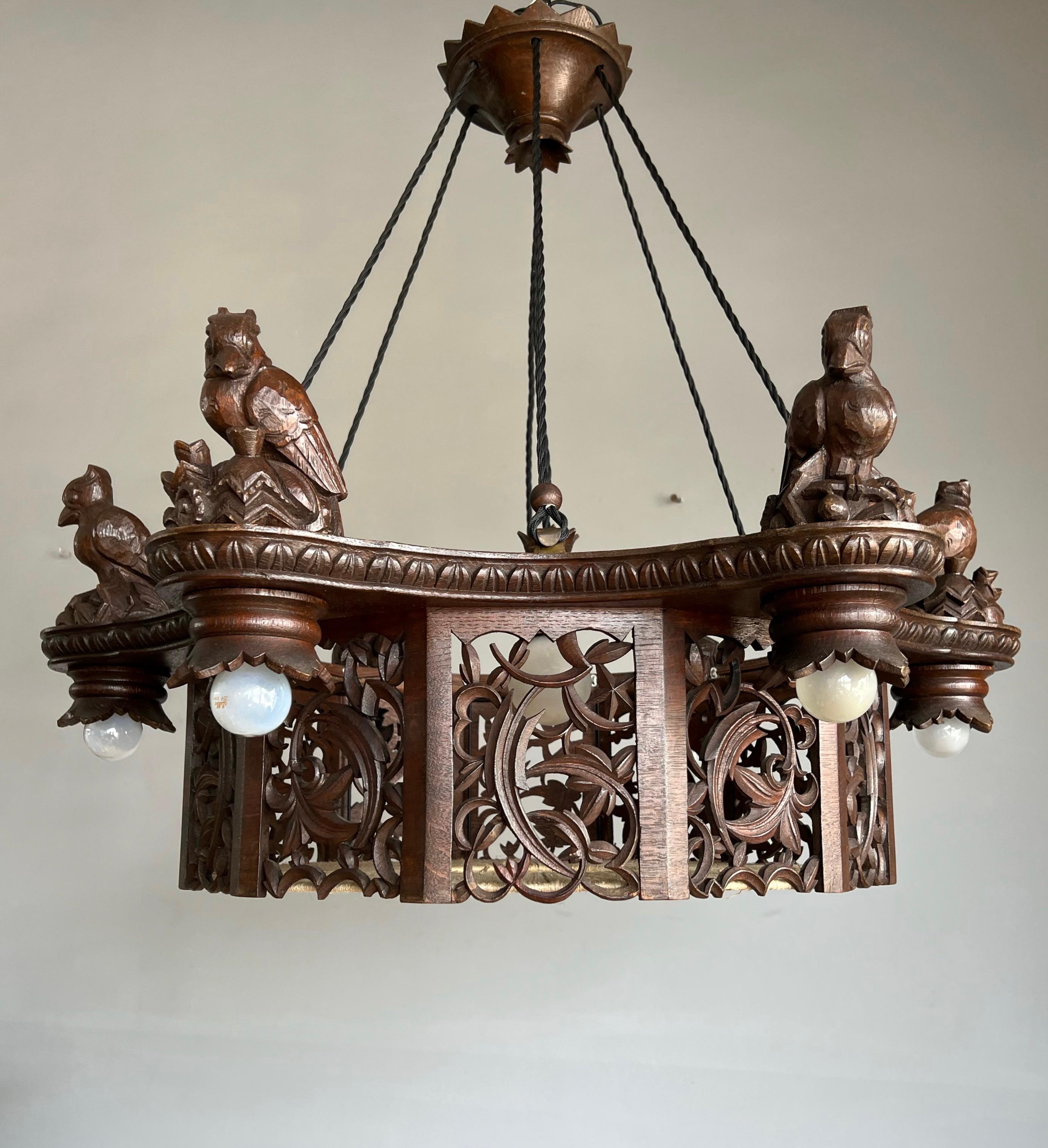 Rarest Hand Carved Oak Art Deco Chandelier Pendant w. Six Woodpecker Sculptures For Sale 14