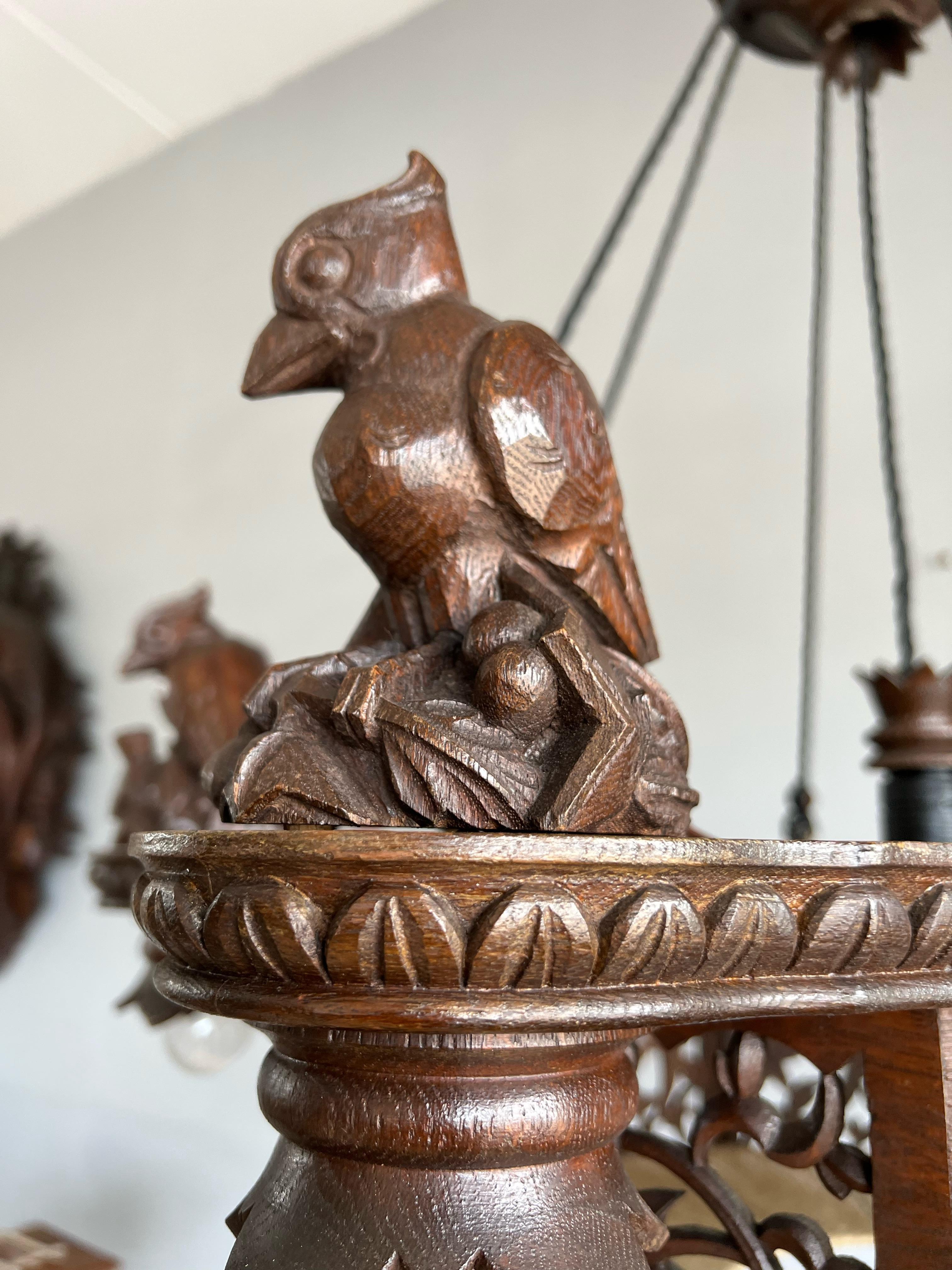 Hand-Knotted Rarest Hand Carved Oak Art Deco Chandelier Pendant w. Six Woodpecker Sculptures For Sale