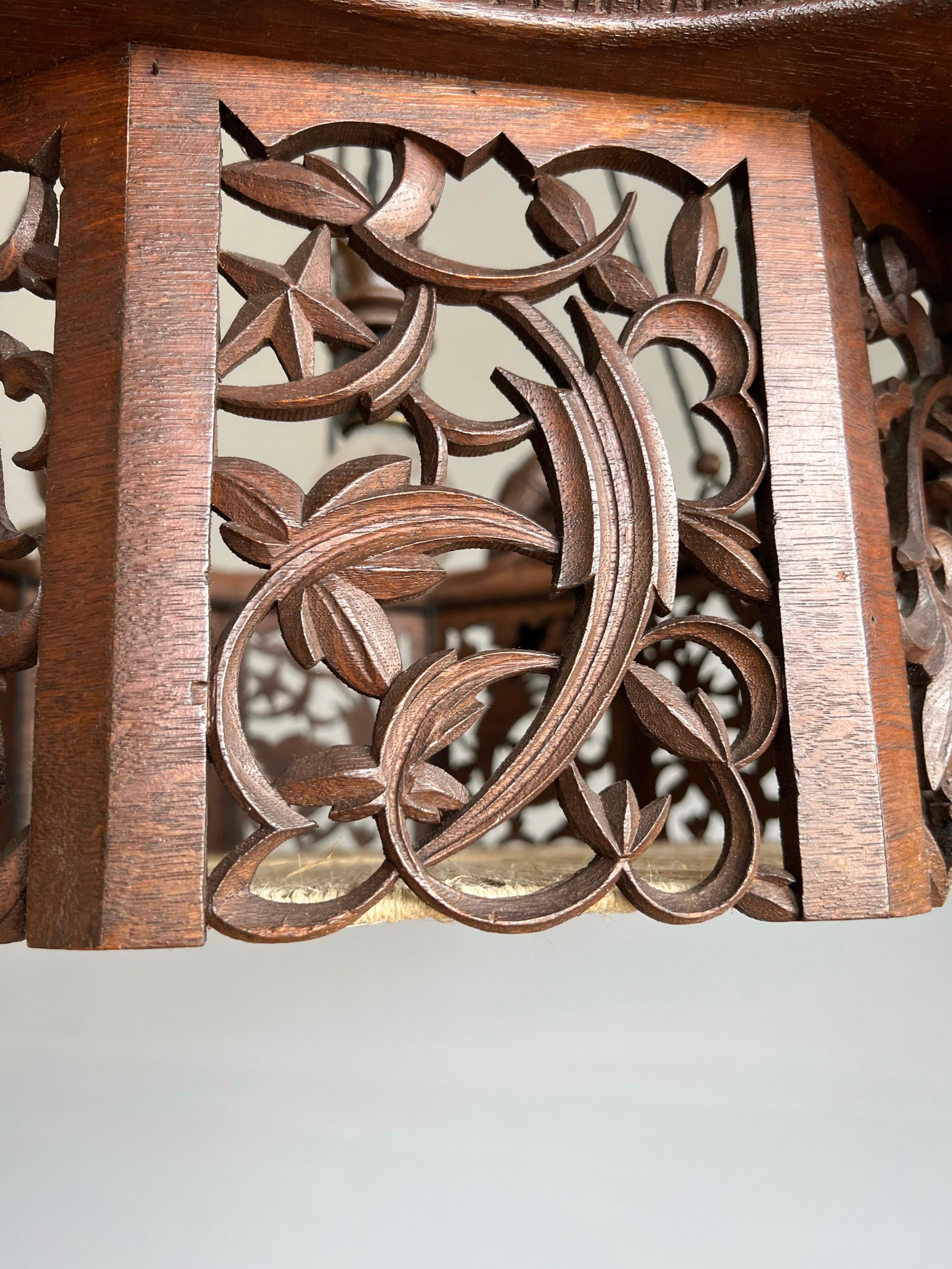 Rarest Hand Carved Oak Art Deco Chandelier Pendant w. Six Woodpecker Sculptures For Sale 2