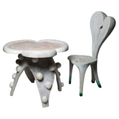 Unique Hand Carved Wood Table & Chair "Alice" by Yves Boucard, Switzerland