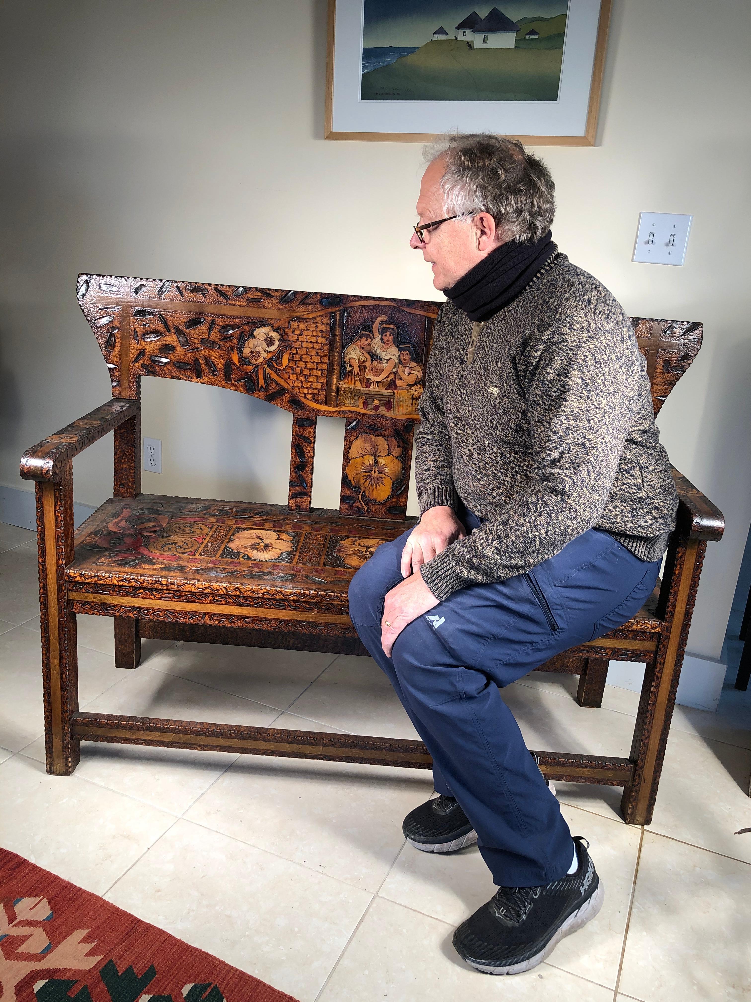 From an important thirty year old New England collection of hand decorated pyrography Arts & Crafts furnishings.

Unique work of art with a Rhode Island origin.
A romantic composition of a family executed in a hand carved and hand painted