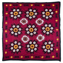 Unique Hand Embroidered Wall Hanging, Vintage Luxury Bed Cover in Red