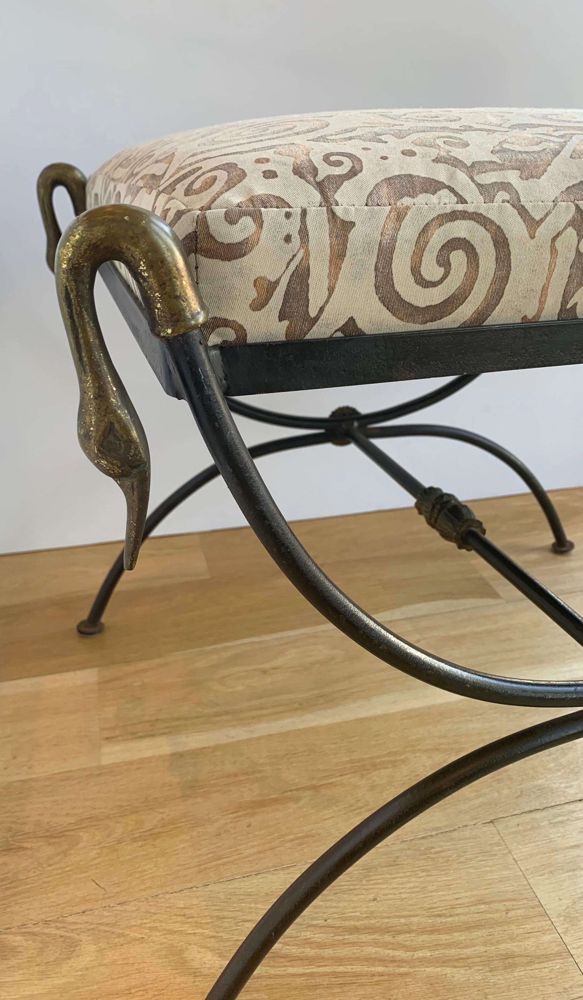 Revival Unique Hand Forged Iron Bench, Cast Bronzed Details, Upholstered in Fortuny For Sale