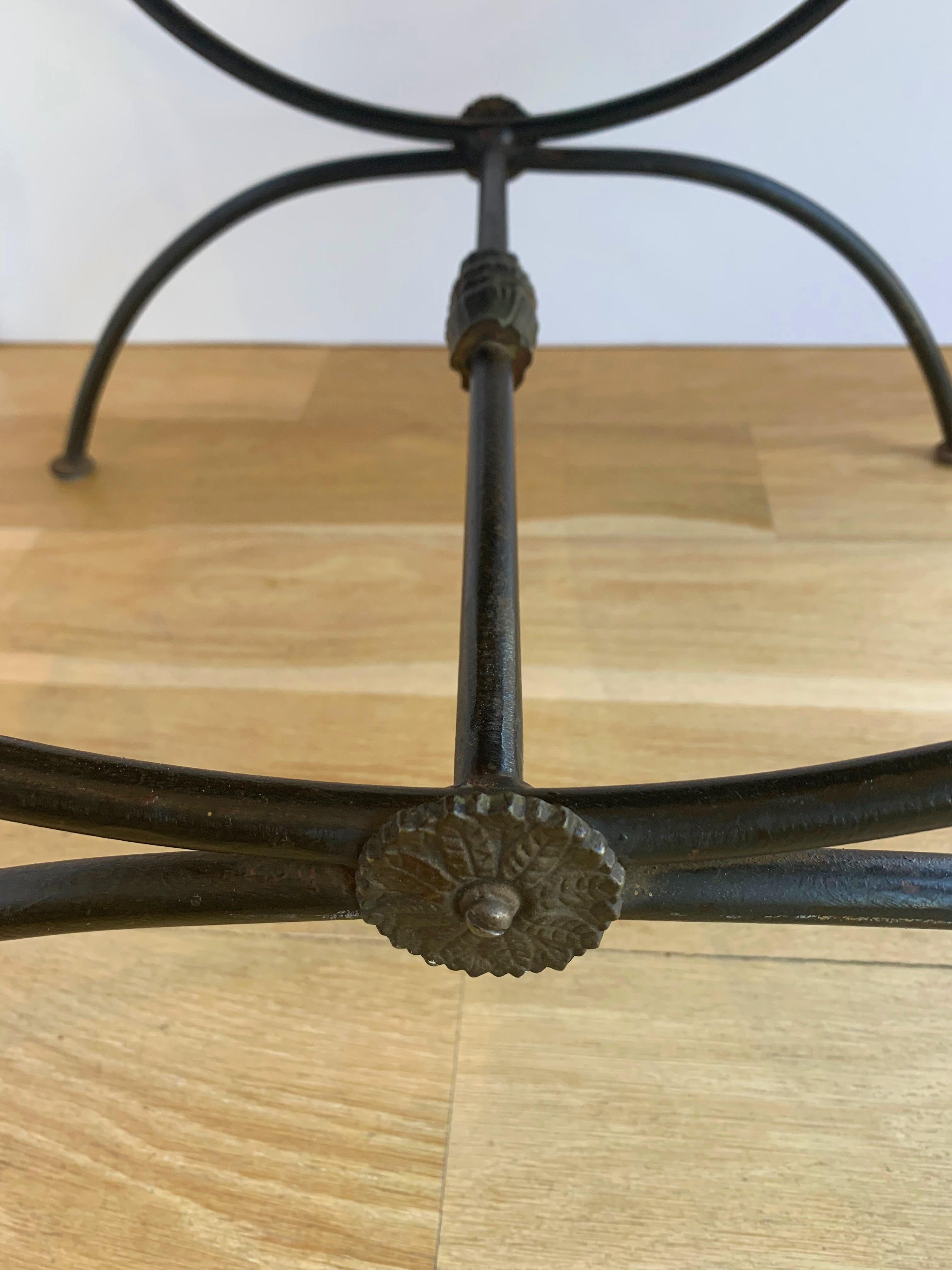Hand-Painted Unique Hand Forged Iron Bench, Cast Bronzed Details, Upholstered in Fortuny For Sale