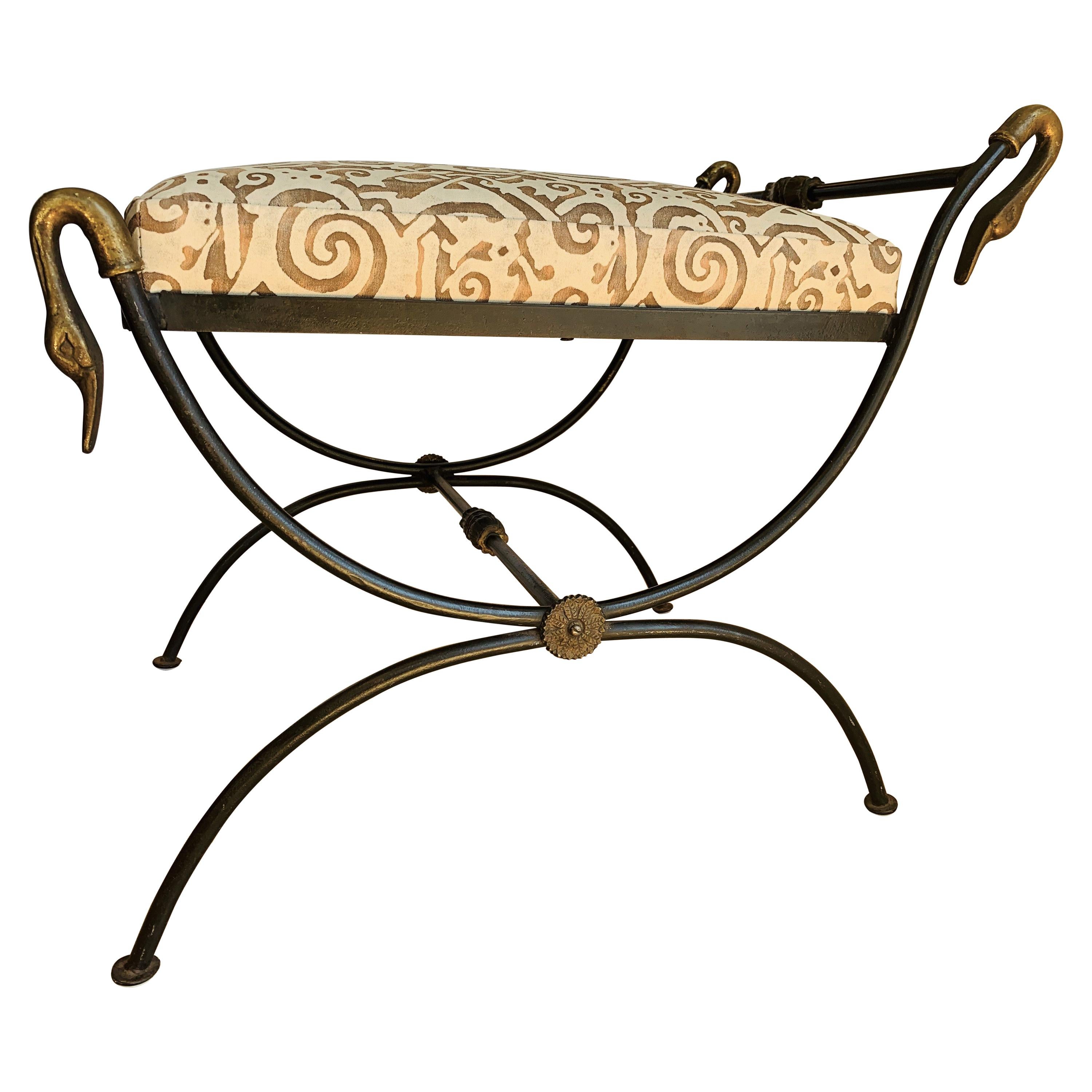 Unique Hand Forged Iron Bench, Cast Bronzed Details, Upholstered in Fortuny For Sale