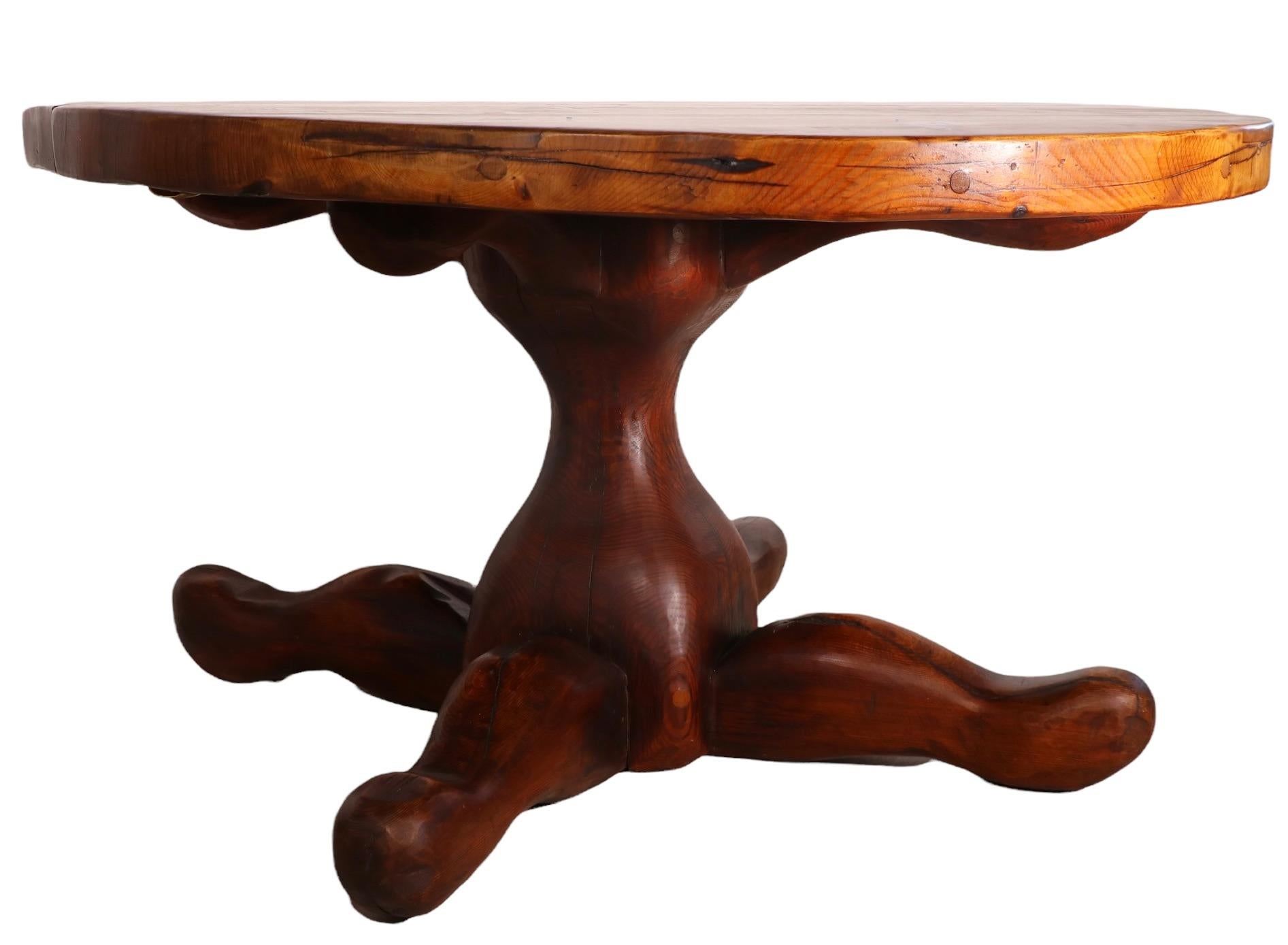 American Unique Hand Made Rustic Brutalist Arts and Crafts Dining Table Solid Pine 1970s For Sale