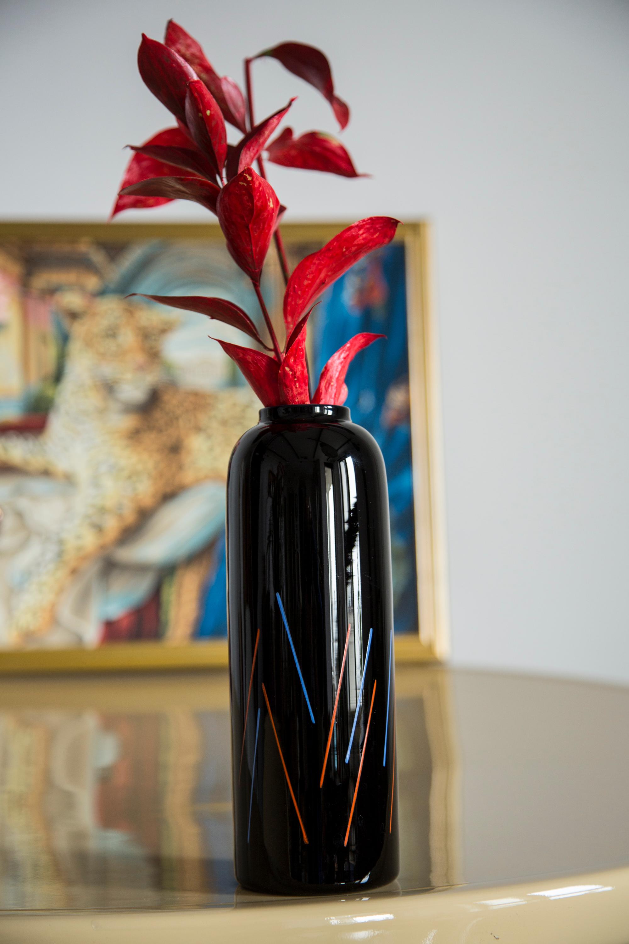 Mid-Century Modern Unique Hand Painted Black and Blue Red Vase, 20th Century, Europe, 2000s For Sale