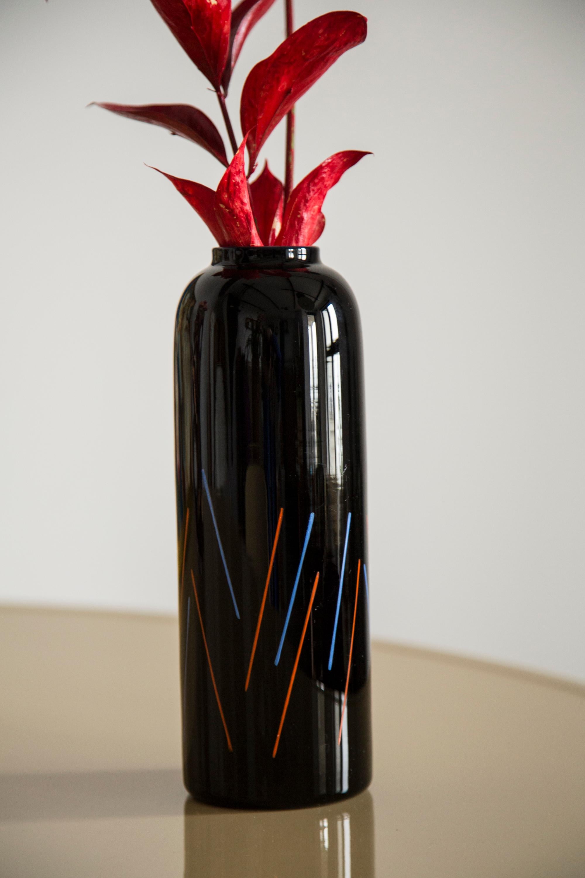 Glass Unique Hand Painted Black and Blue Red Vase, 20th Century, Europe, 2000s For Sale