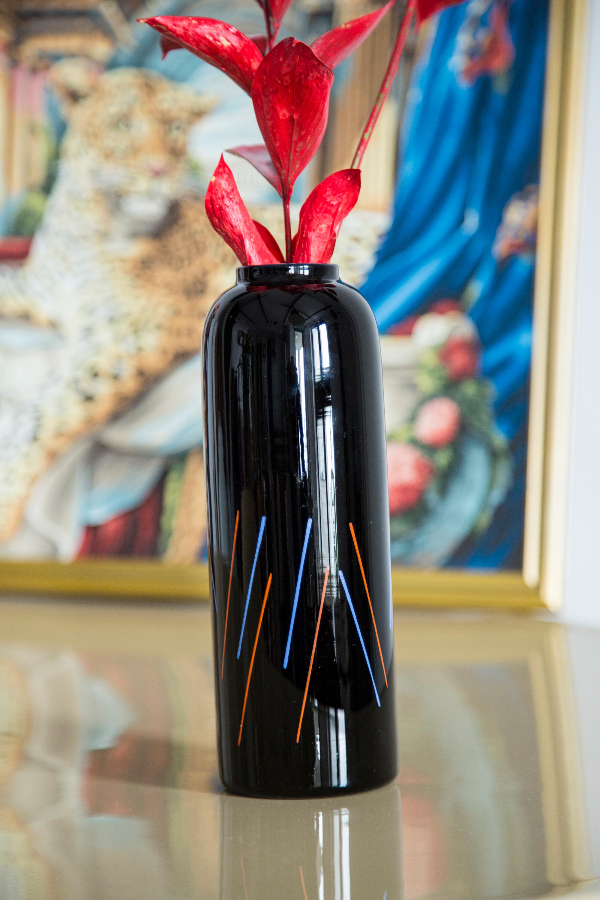 Unique Hand Painted Black and Blue Red Vase, 20th Century, Europe, 2000s For Sale 1
