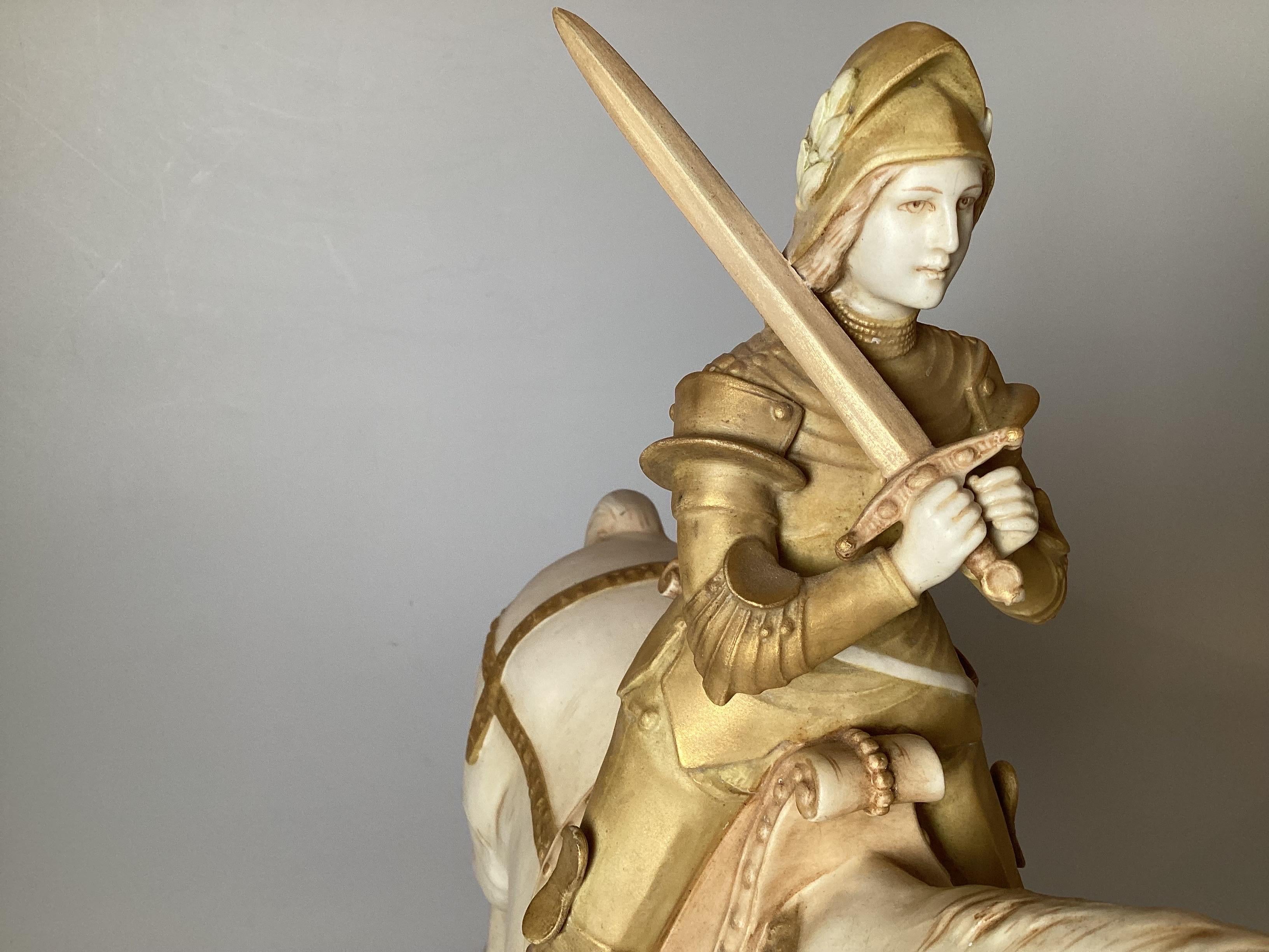 Unique Hand Painted Porcelain Figure of Joan of Arc Riding a Horse For Sale 4