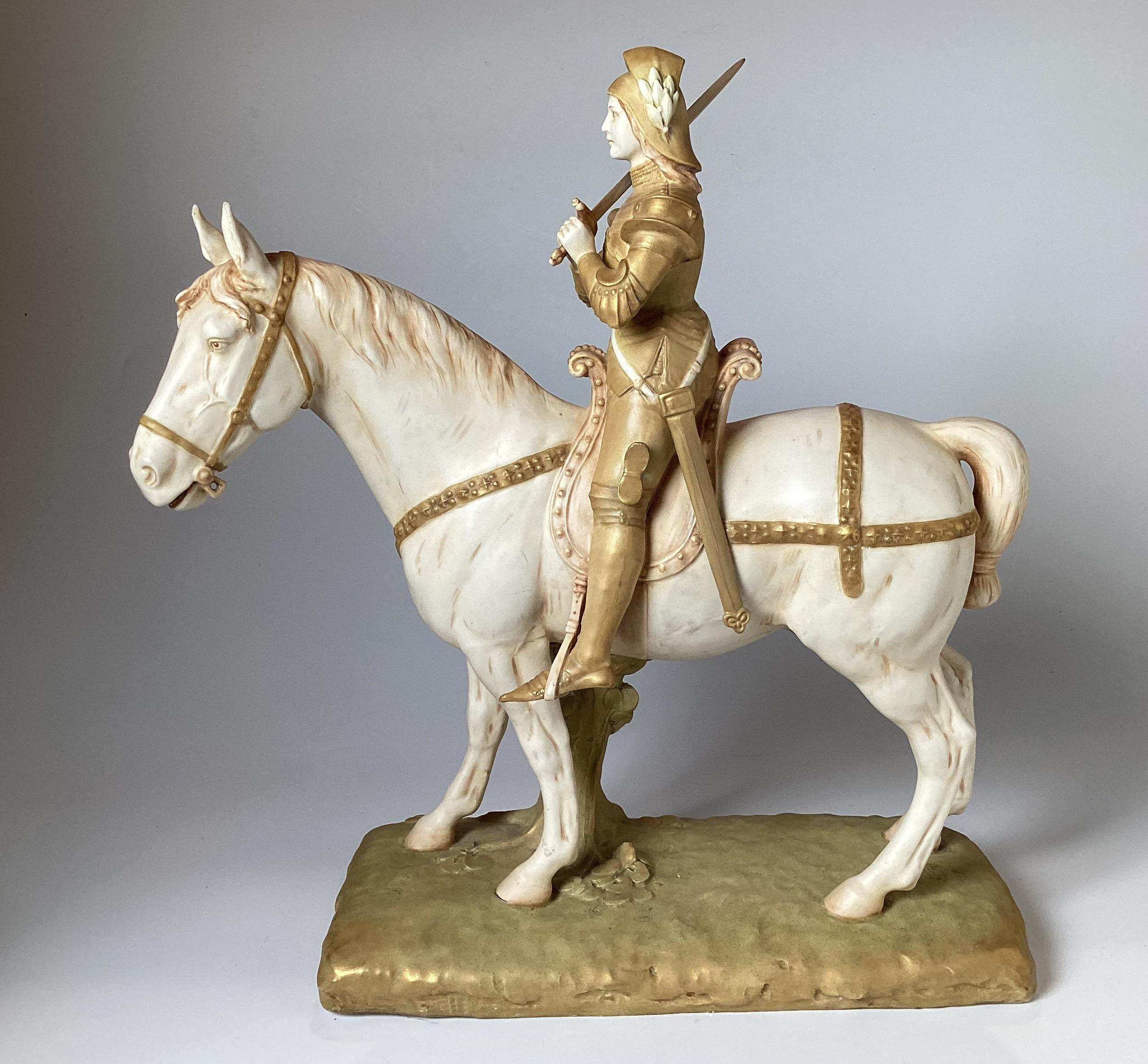 Stunning porcelain figure of Joan of Arc, made by Royal Vienna. The highly detailed sculpture with had painted details with a clear mark indication Royal Vienna, artist is Ernst Wahliss. 17 inches tall 17 inches wide, 6 deep.