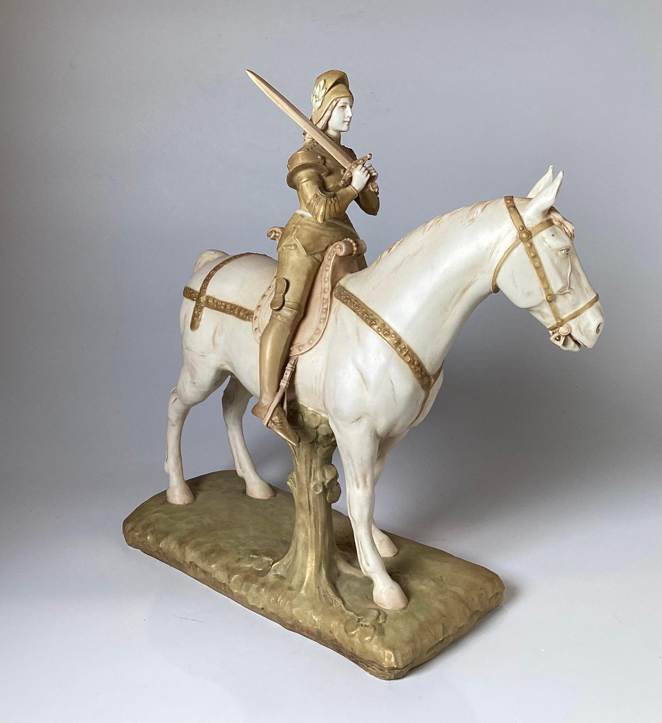Austrian Unique Hand Painted Porcelain Figure of Joan of Arc Riding a Horse For Sale