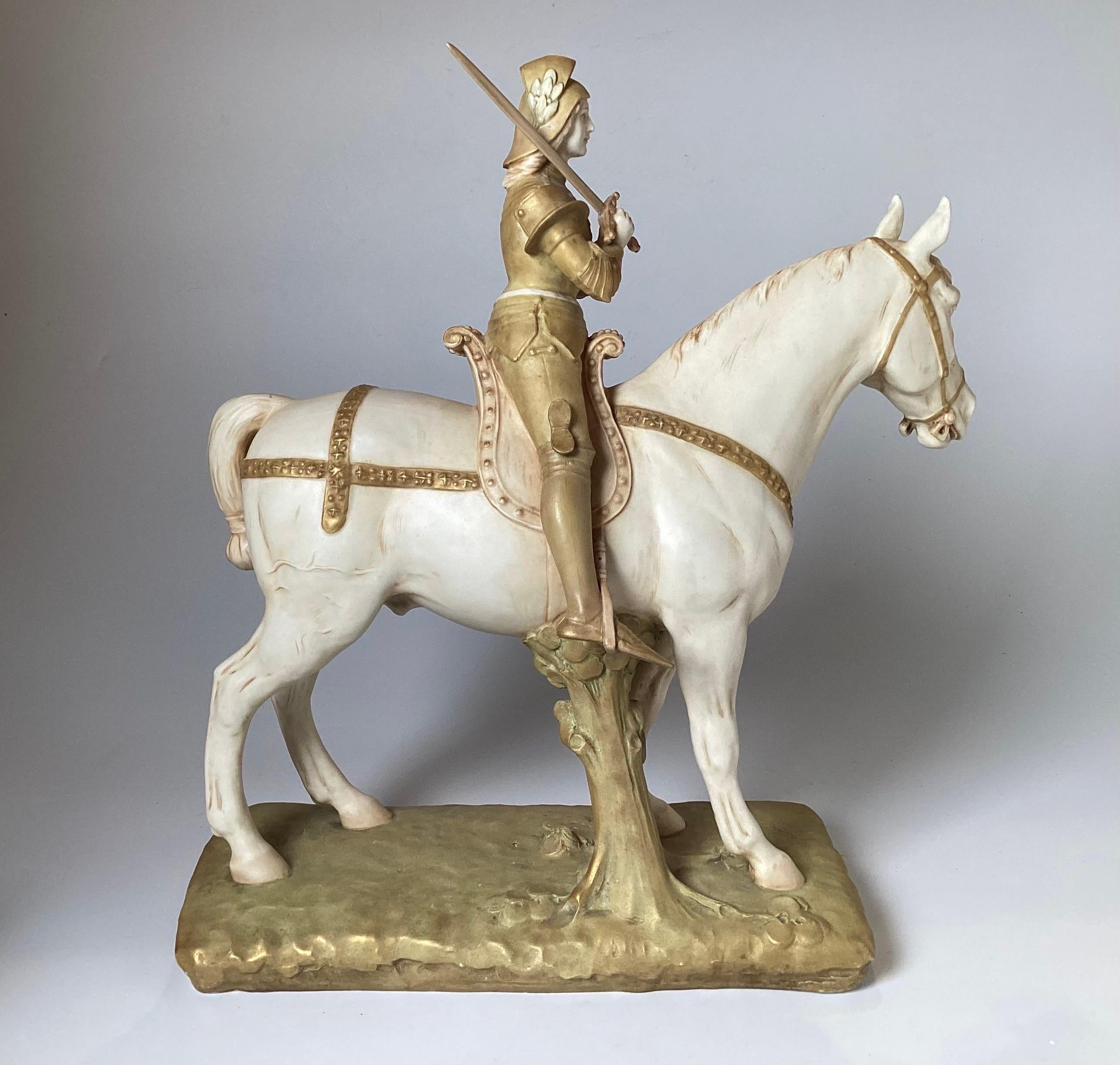 Austrian Unique Hand Painted Porcelain Figure of Joan of Arc Riding a Horse For Sale