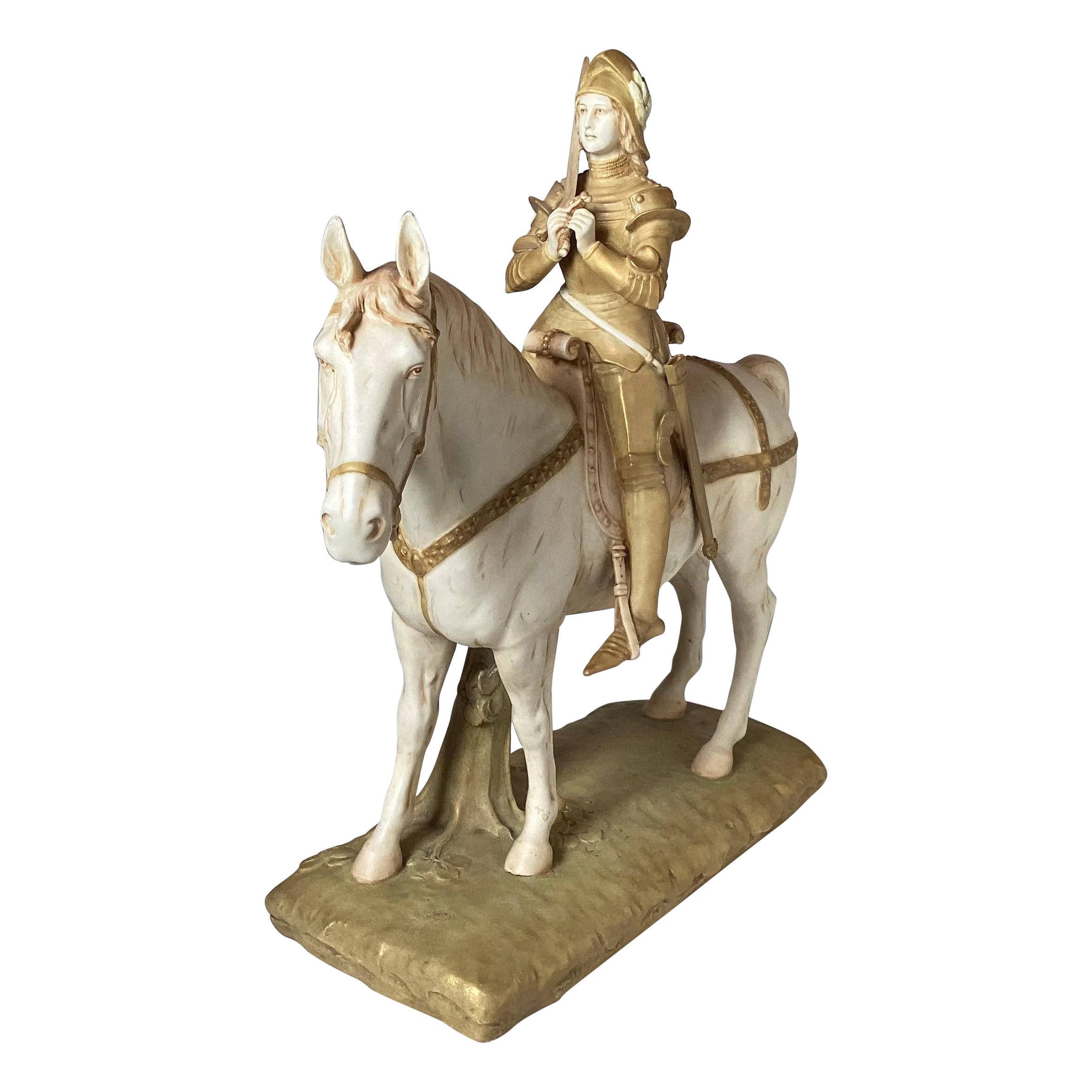 Unique Hand Painted Porcelain Figure of Joan of Arc Riding a Horse