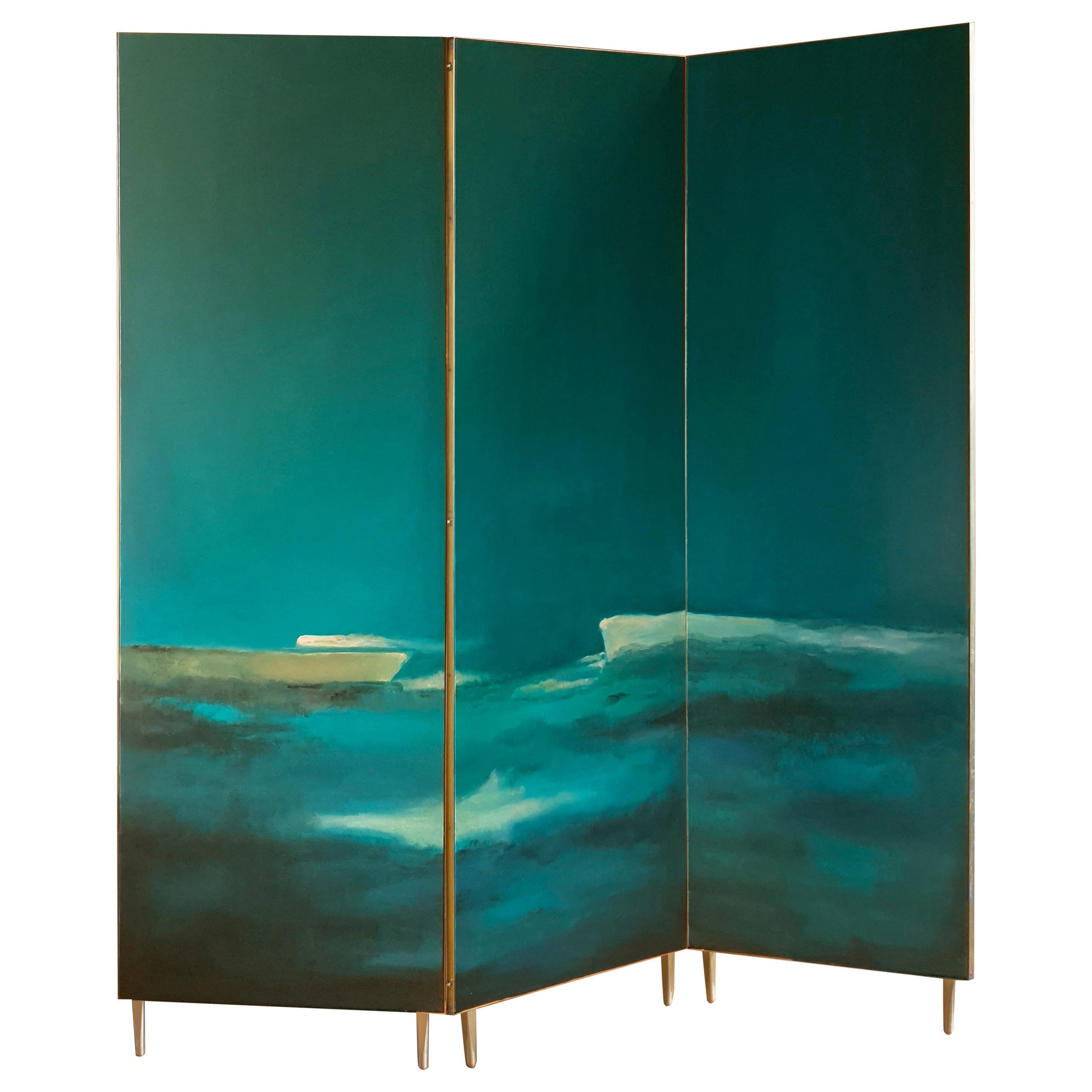 Unique Hand-Painted Screen with Sculptural Brass Frame by Jan Garncarek