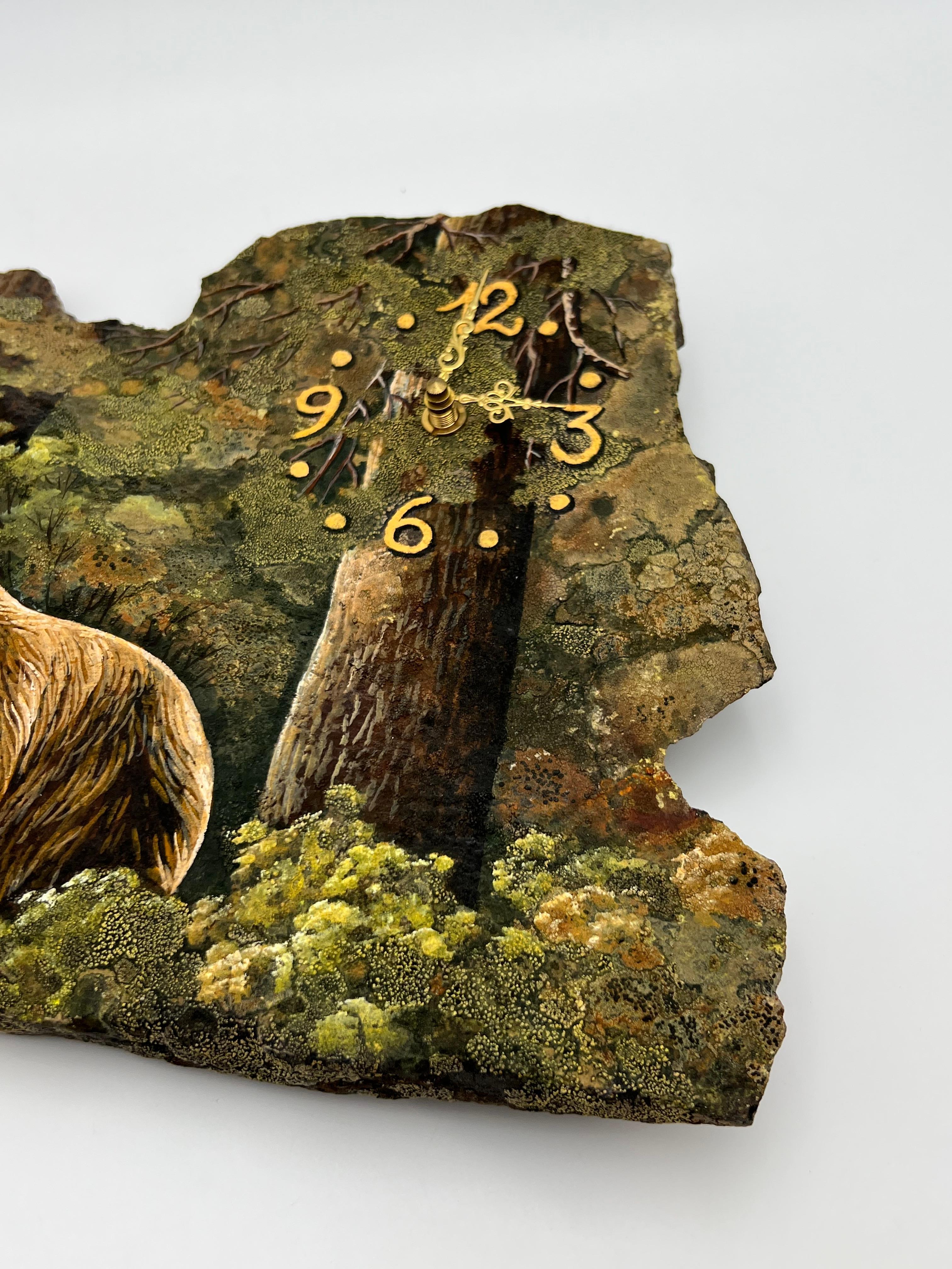 Unique Hand-Painted Stone Wall Clock with Bear Motif and Natural Moss For Sale 3