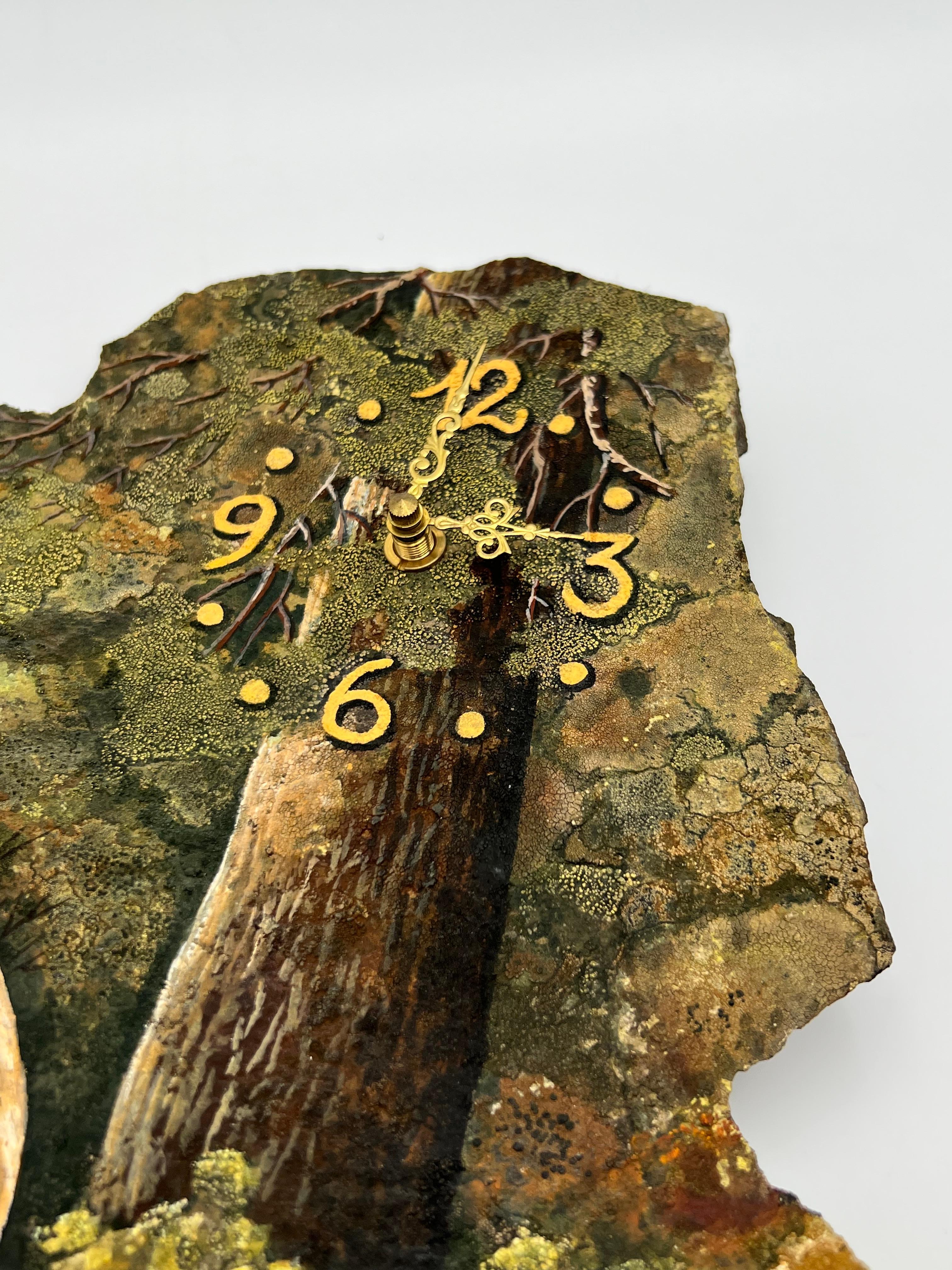 Unique Hand-Painted Stone Wall Clock with Bear Motif and Natural Moss For Sale 5