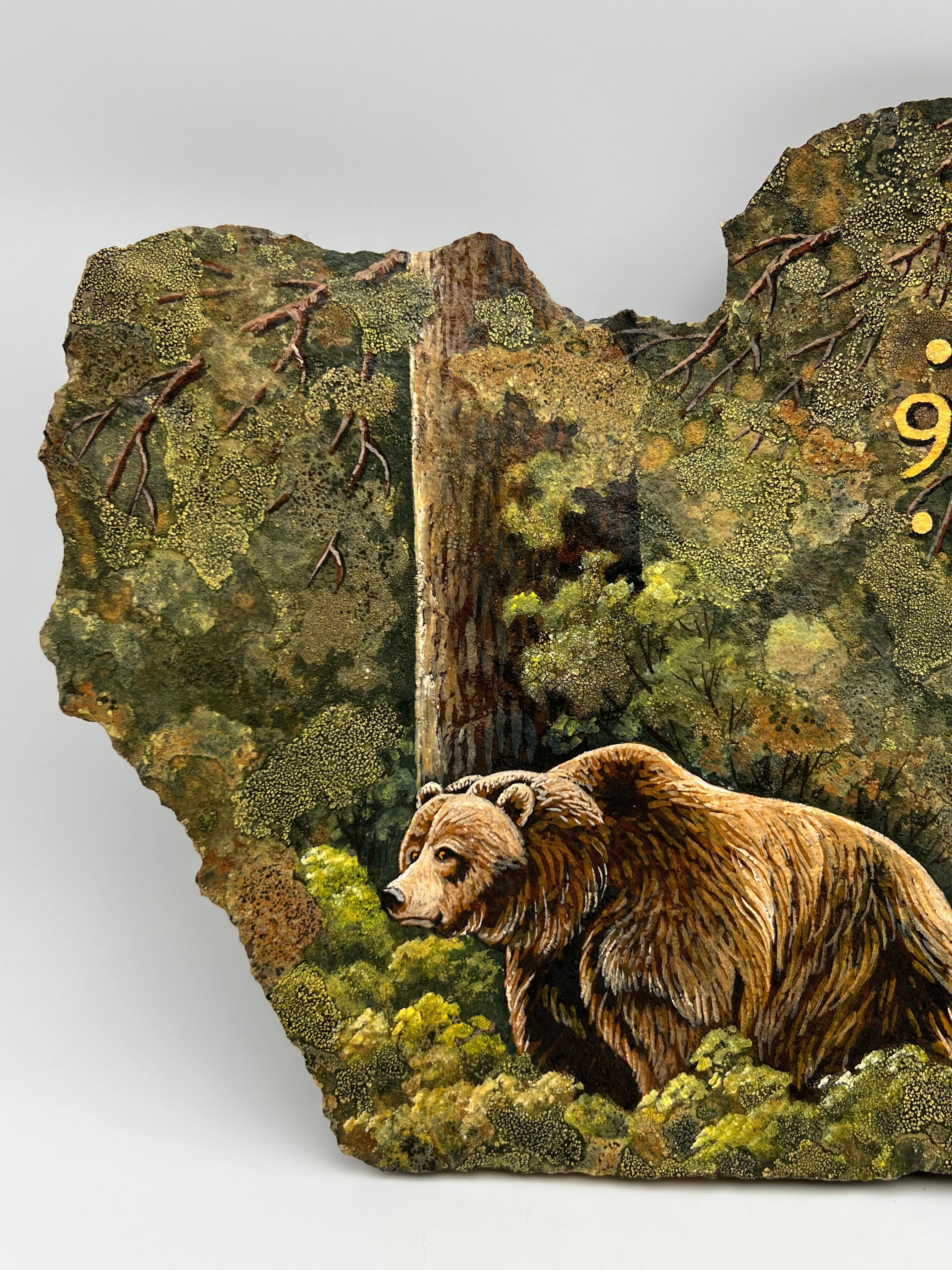 Unique Hand-Painted Stone Wall Clock with Bear Motif and Natural Moss For Sale 9