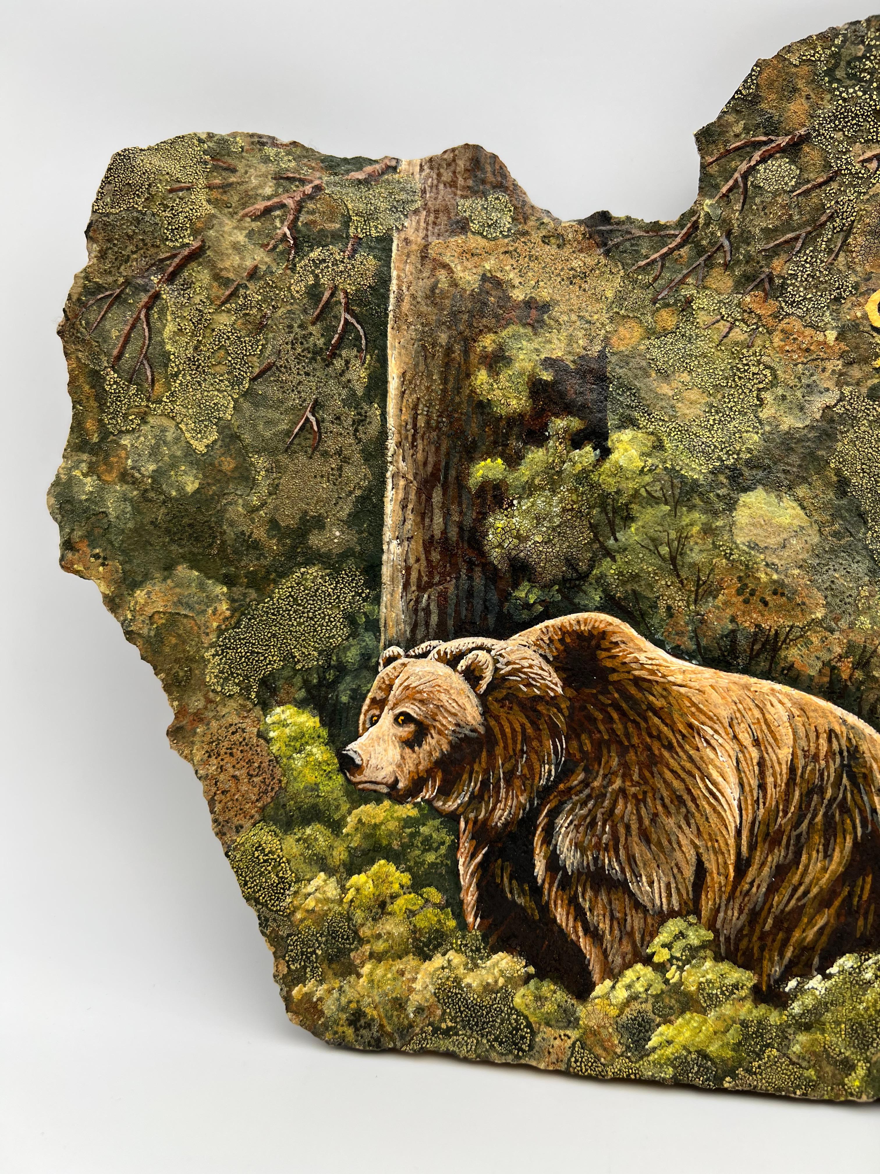 Folk Art Unique Hand-Painted Stone Wall Clock with Bear Motif and Natural Moss For Sale