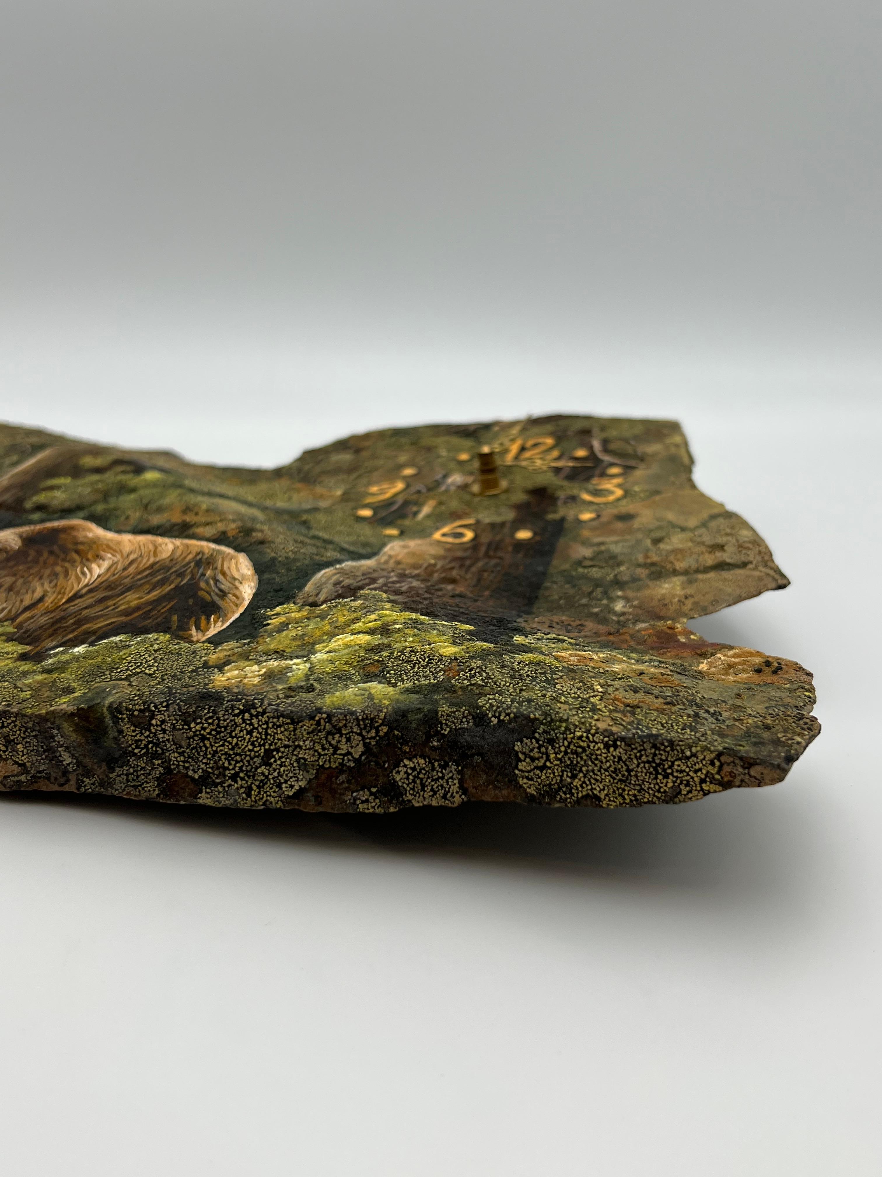 20th Century Unique Hand-Painted Stone Wall Clock with Bear Motif and Natural Moss For Sale