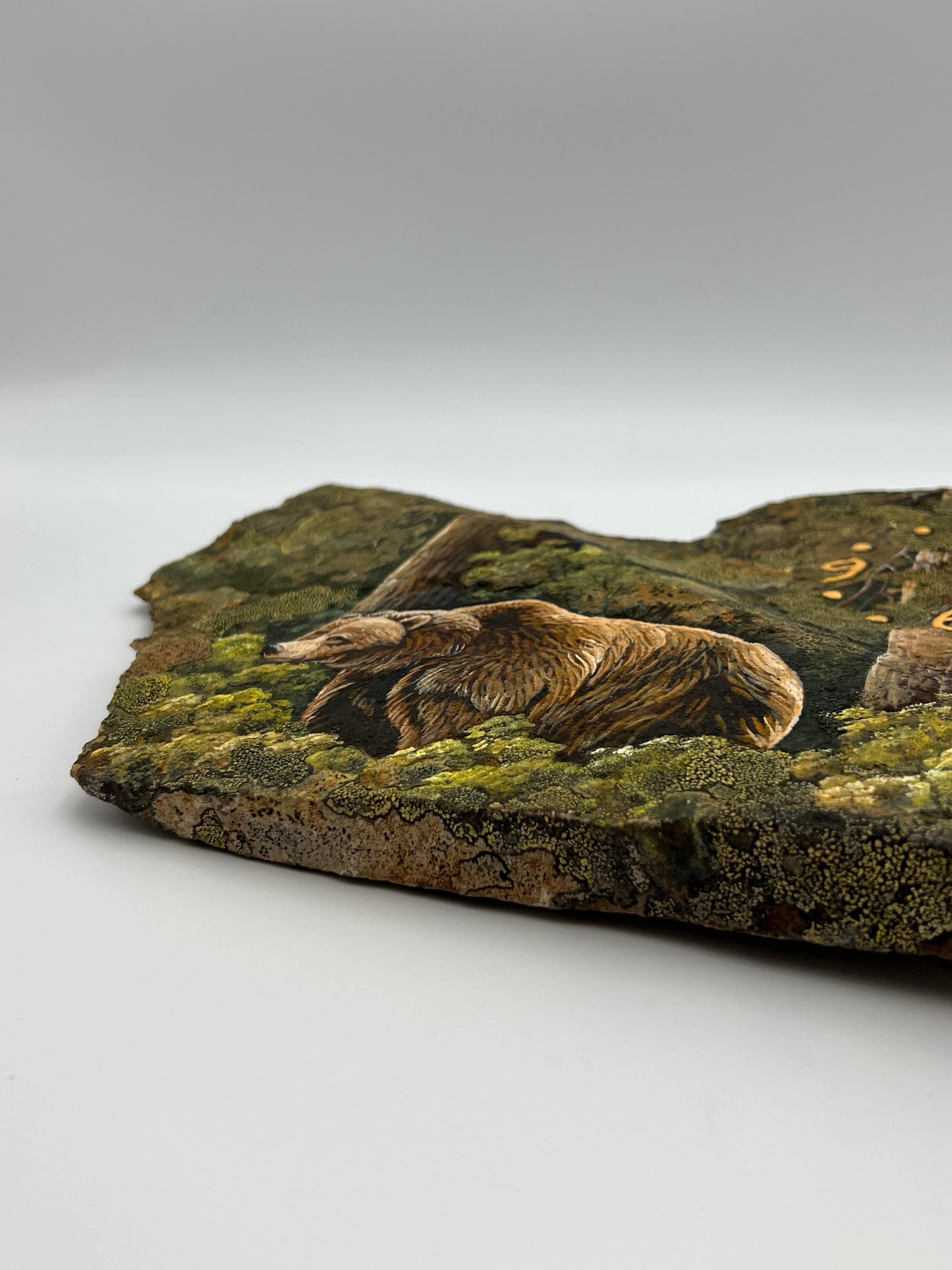 Unique Hand-Painted Stone Wall Clock with Bear Motif and Natural Moss For Sale 1