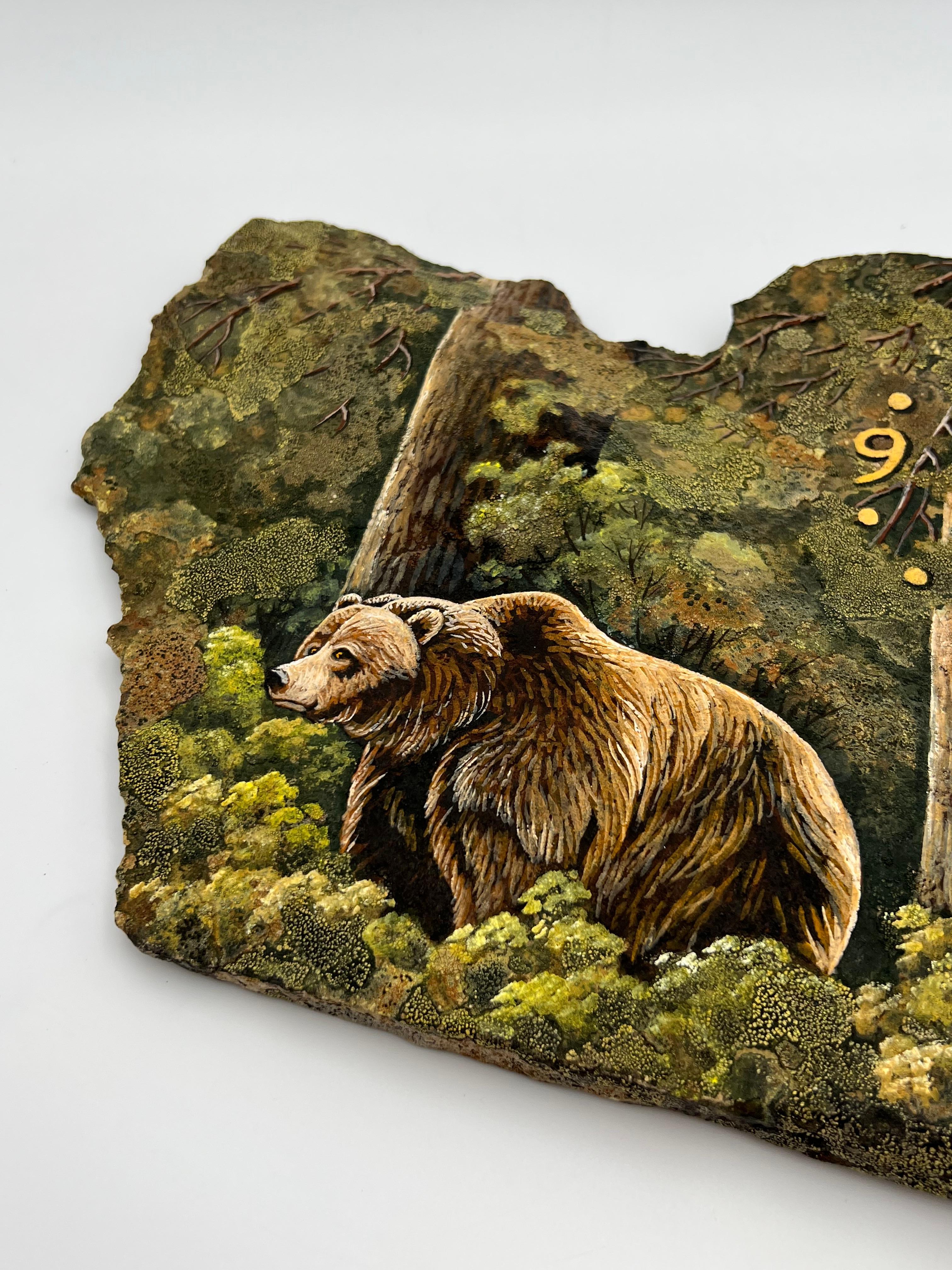 Unique Hand-Painted Stone Wall Clock with Bear Motif and Natural Moss For Sale 2
