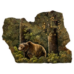 Unique Hand-Painted Stone Wall Clock with Bear Motif and Natural Moss