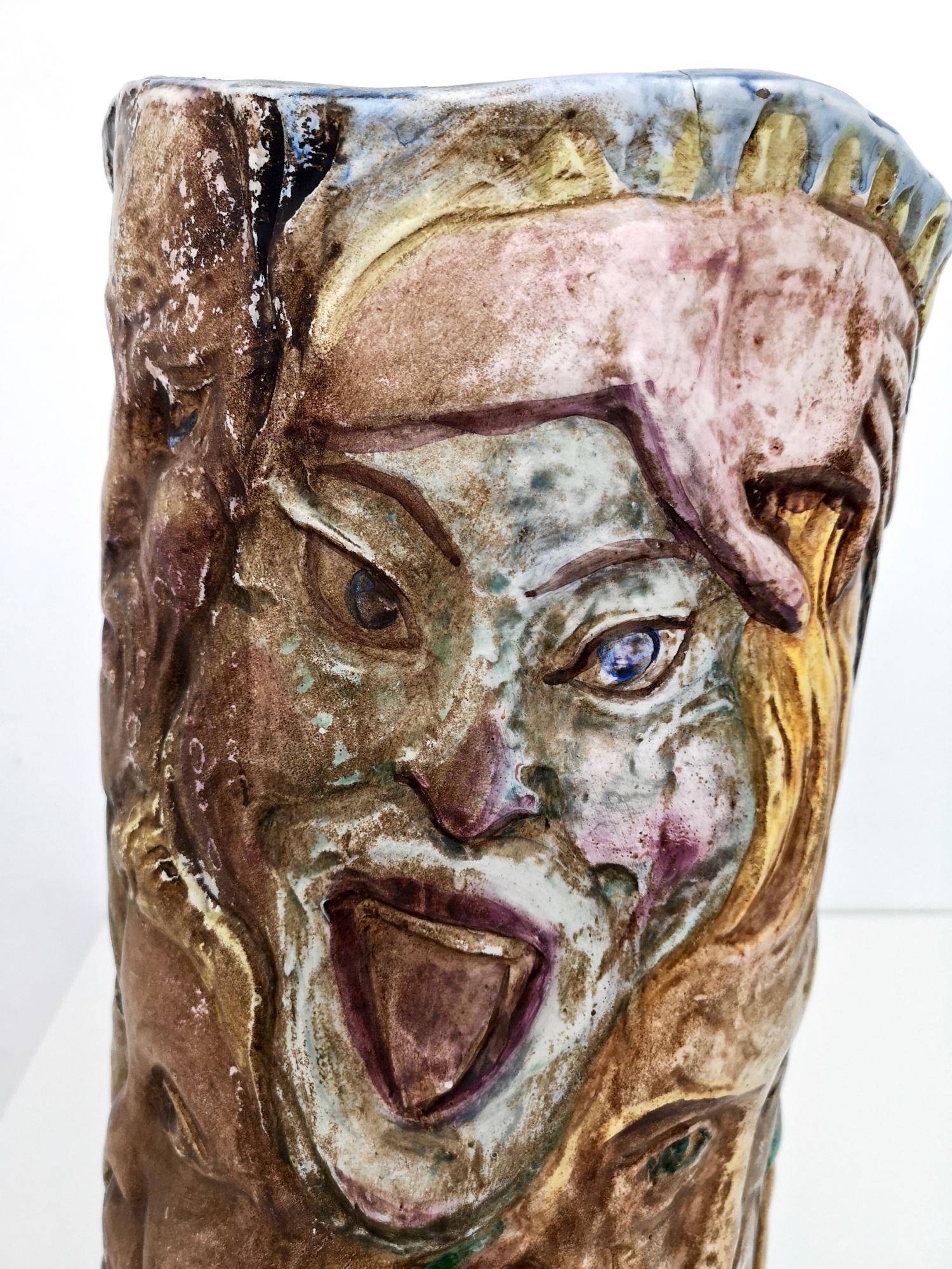 Unique Vintage Hand-Painted Vase with Faces Ascribable to Tullio d'Albisola For Sale 2