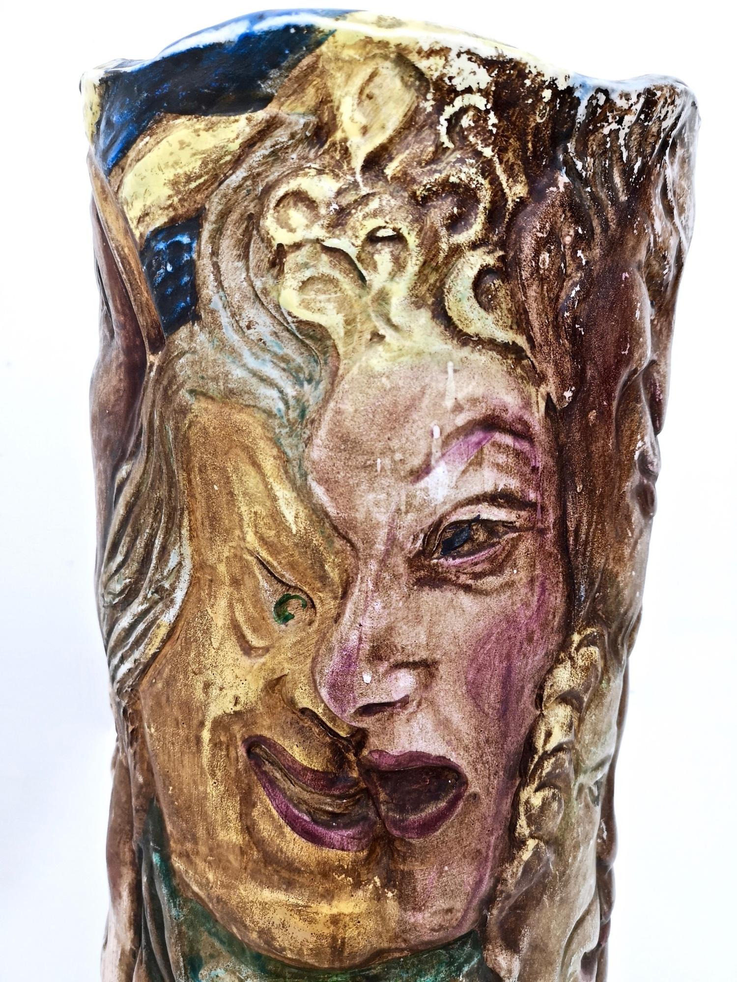 Unique Vintage Hand-Painted Vase with Faces Ascribable to Tullio d'Albisola For Sale 7