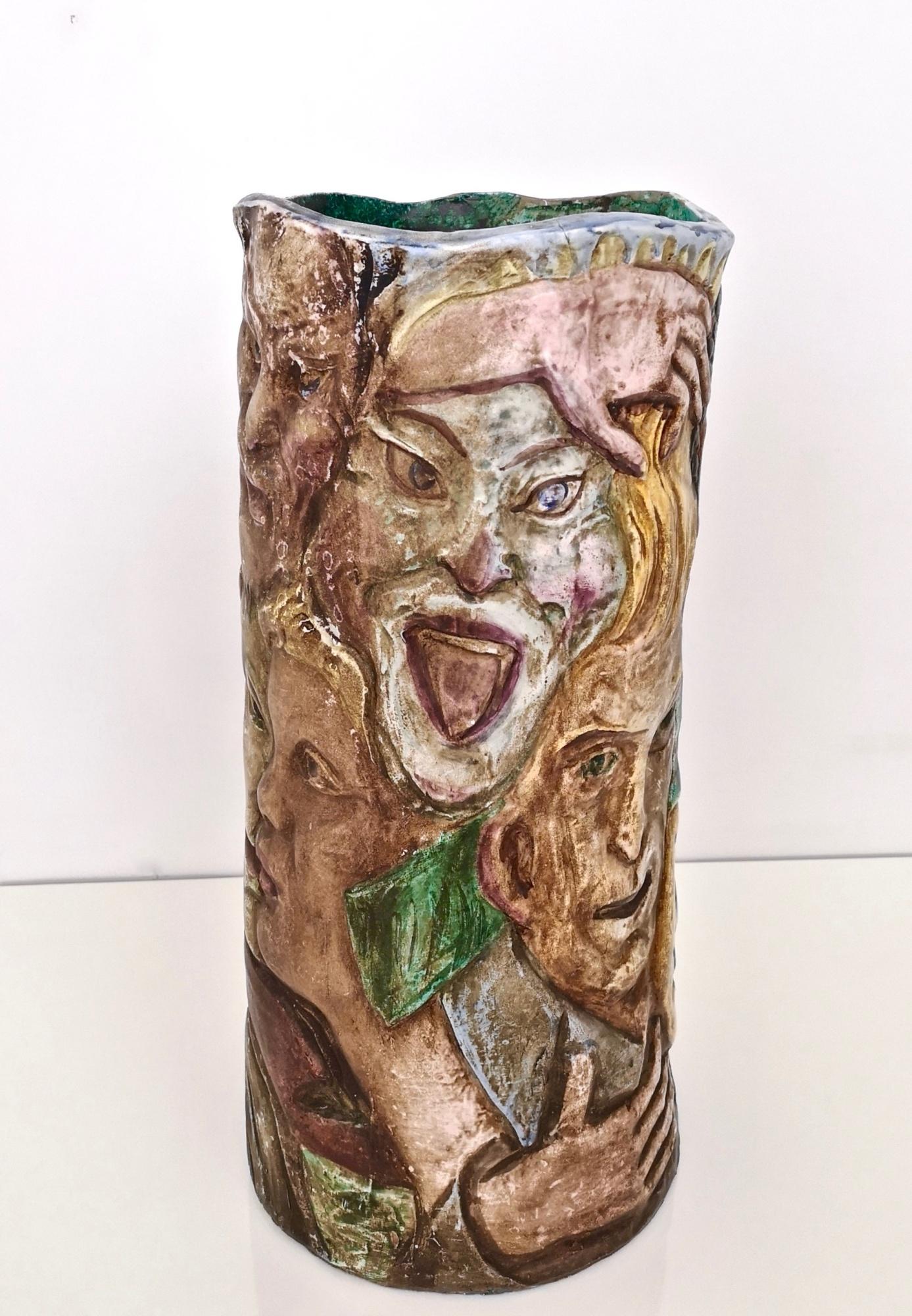 Italian Unique Vintage Hand-Painted Vase with Faces Ascribable to Tullio d'Albisola For Sale