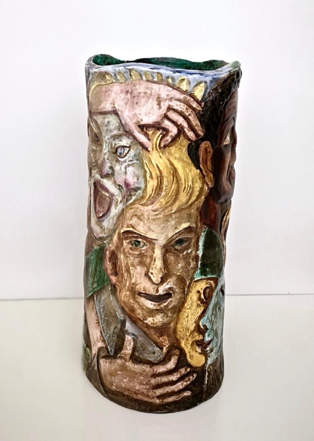 Mid-20th Century Unique Vintage Hand-Painted Vase with Faces Ascribable to Tullio d'Albisola For Sale