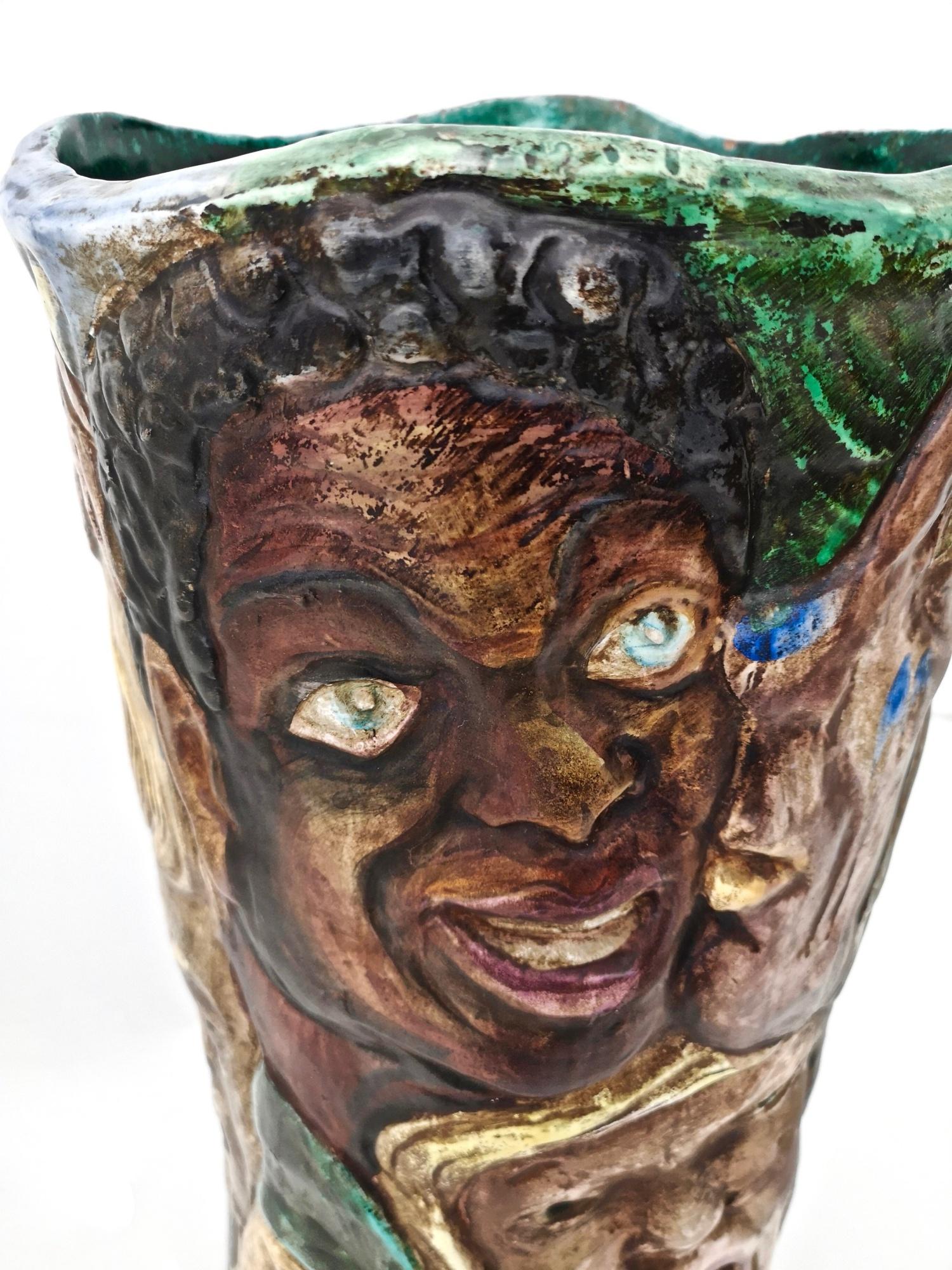 Ceramic Unique Vintage Hand-Painted Vase with Faces Ascribable to Tullio d'Albisola For Sale