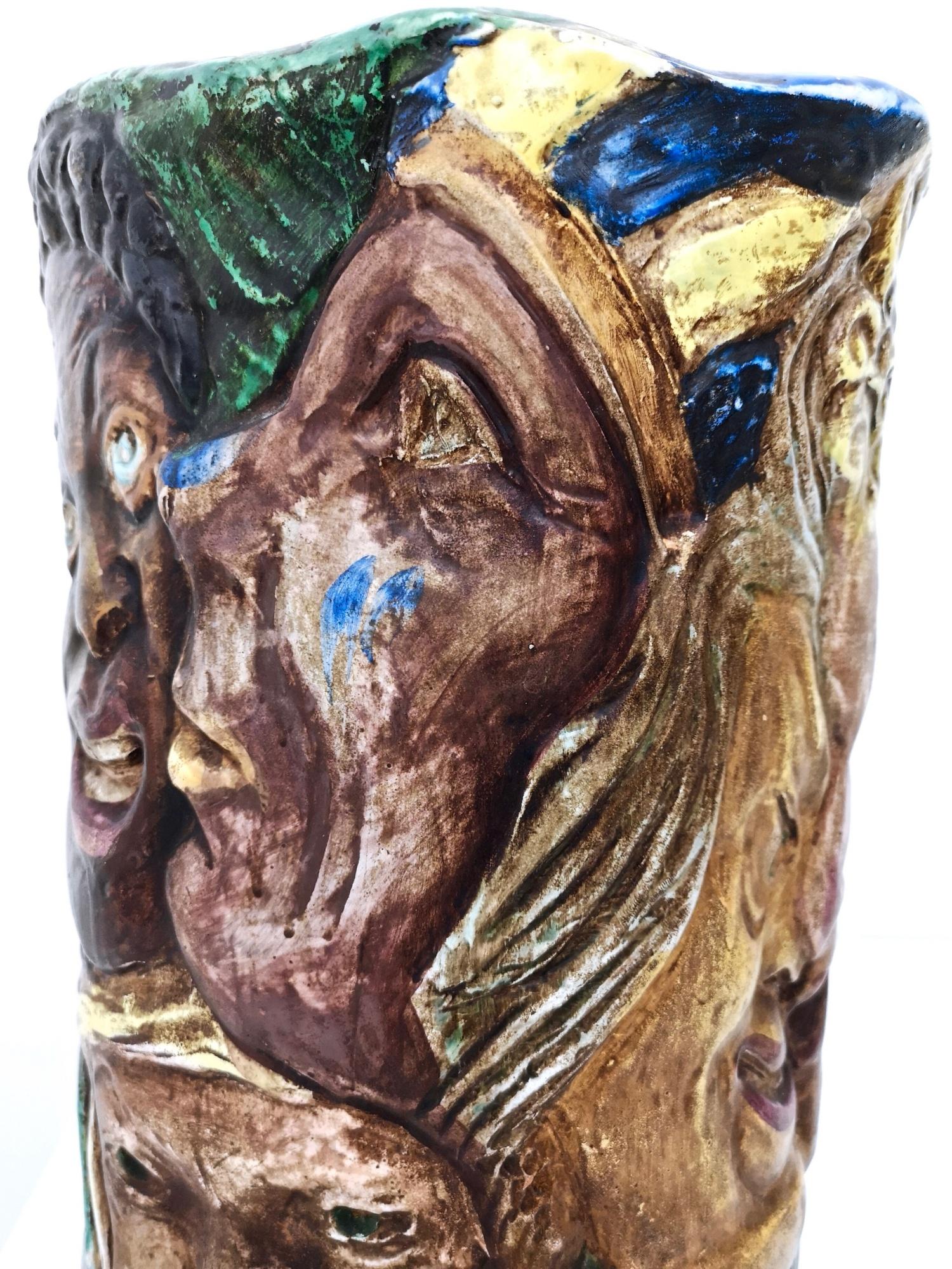 Unique Vintage Hand-Painted Vase with Faces Ascribable to Tullio d'Albisola For Sale 1