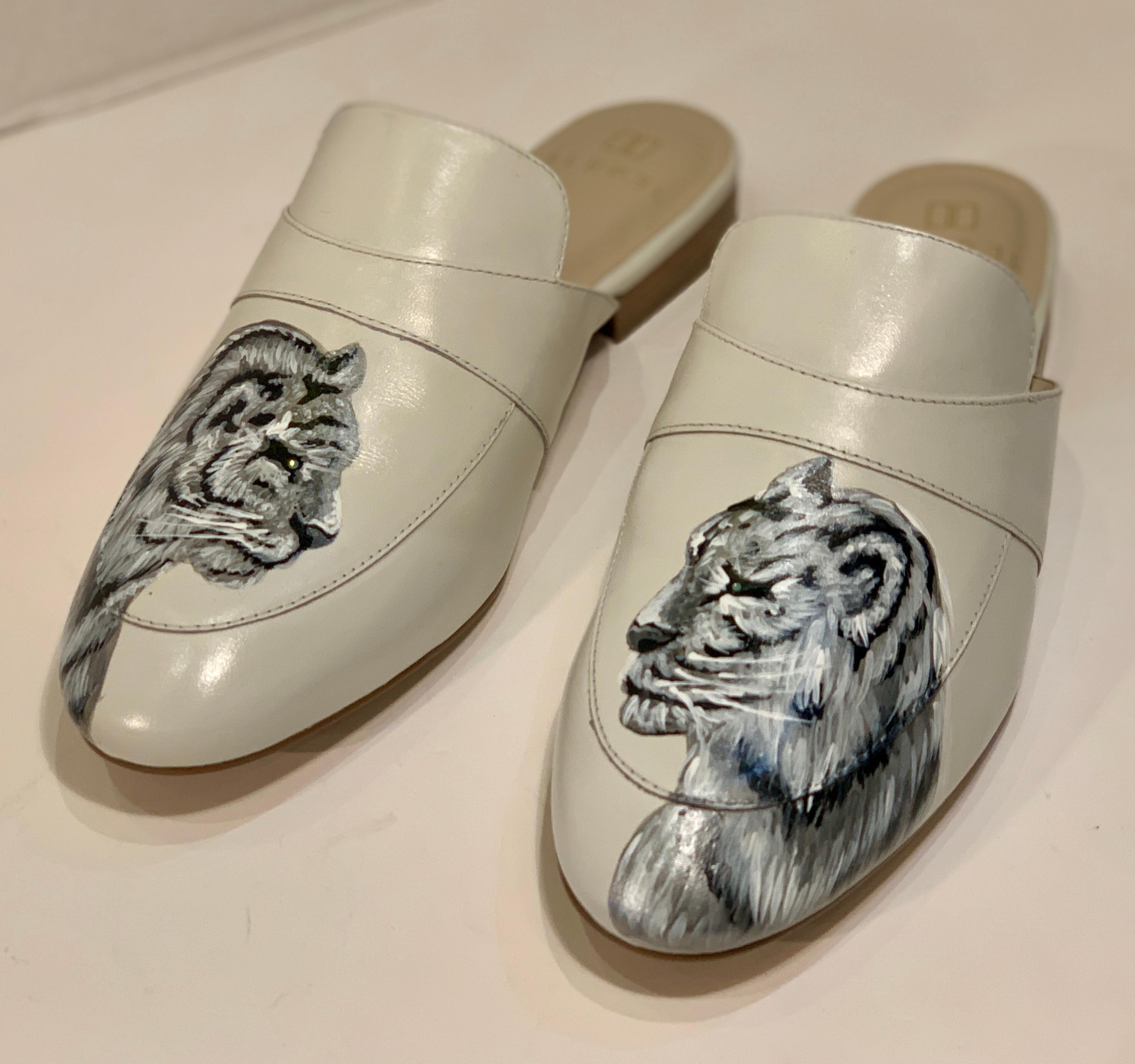 Women's Unique Hand Painted White Tiger Mule Shoes with Swarovski Crystal Eyes Size 10