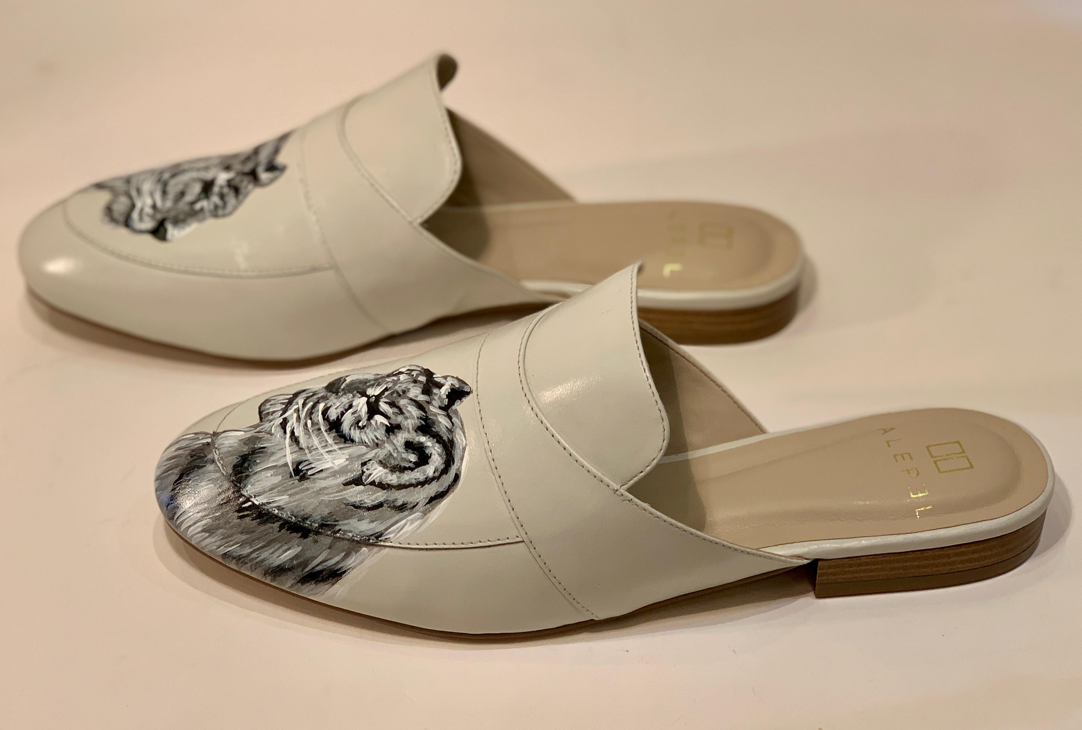 Unique Hand Painted White Tiger Mule Shoes with Swarovski Crystal Eyes Size 10 1