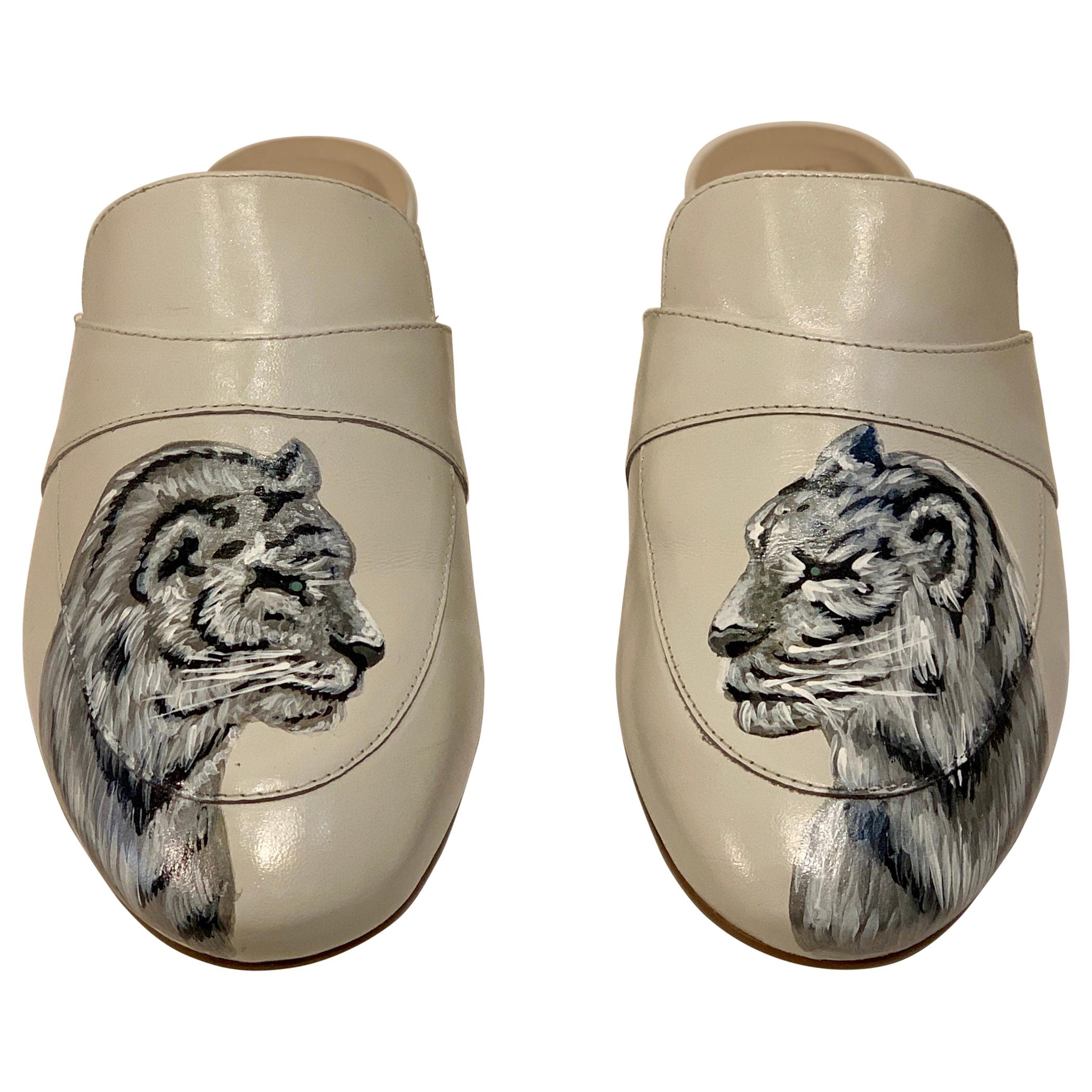 Unique Hand Painted White Tiger Mule Shoes with Swarovski Crystal Eyes Size 10