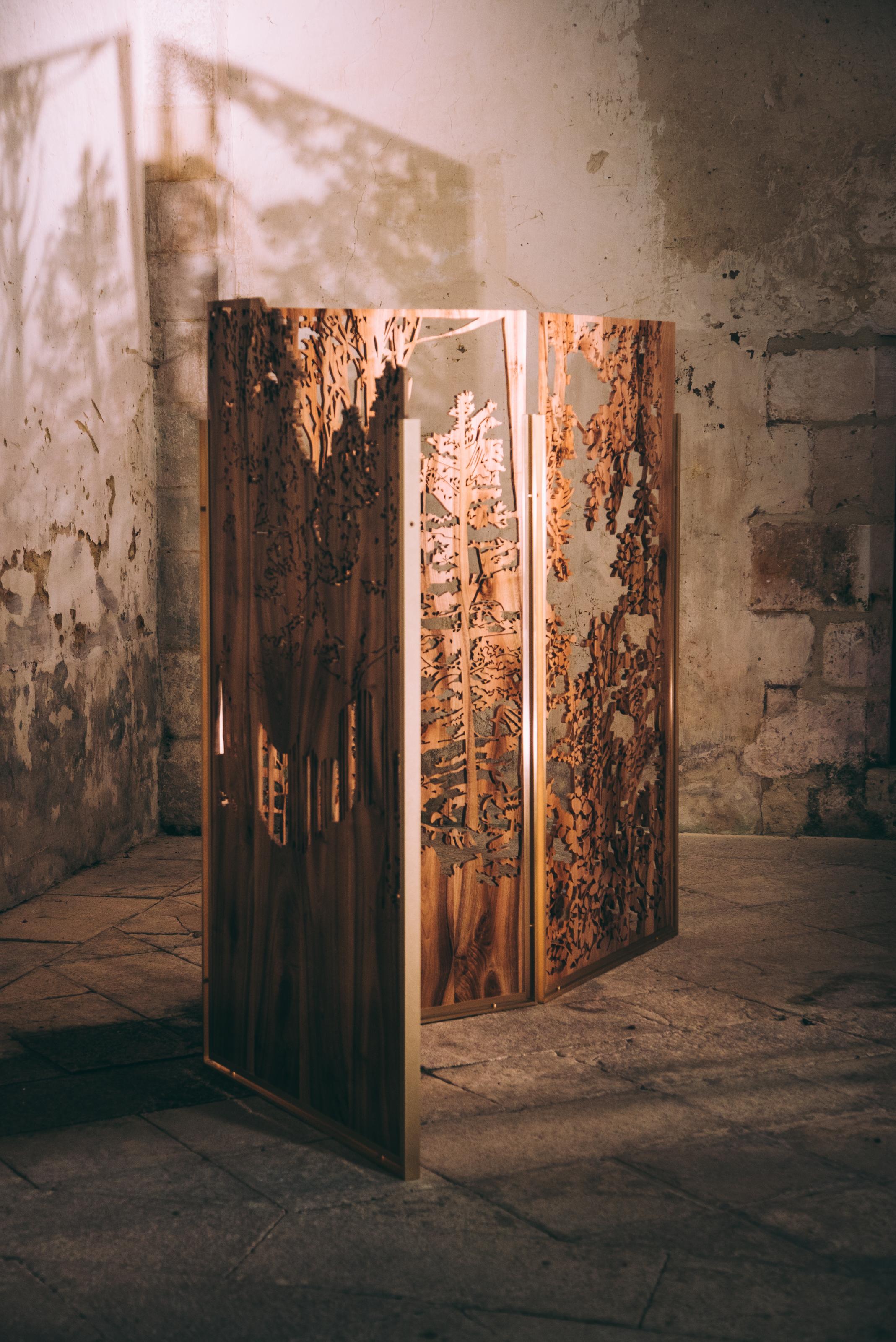 French Unique Hand-Sculpted Walnut and Brass Screen by Clothilde Gosset
