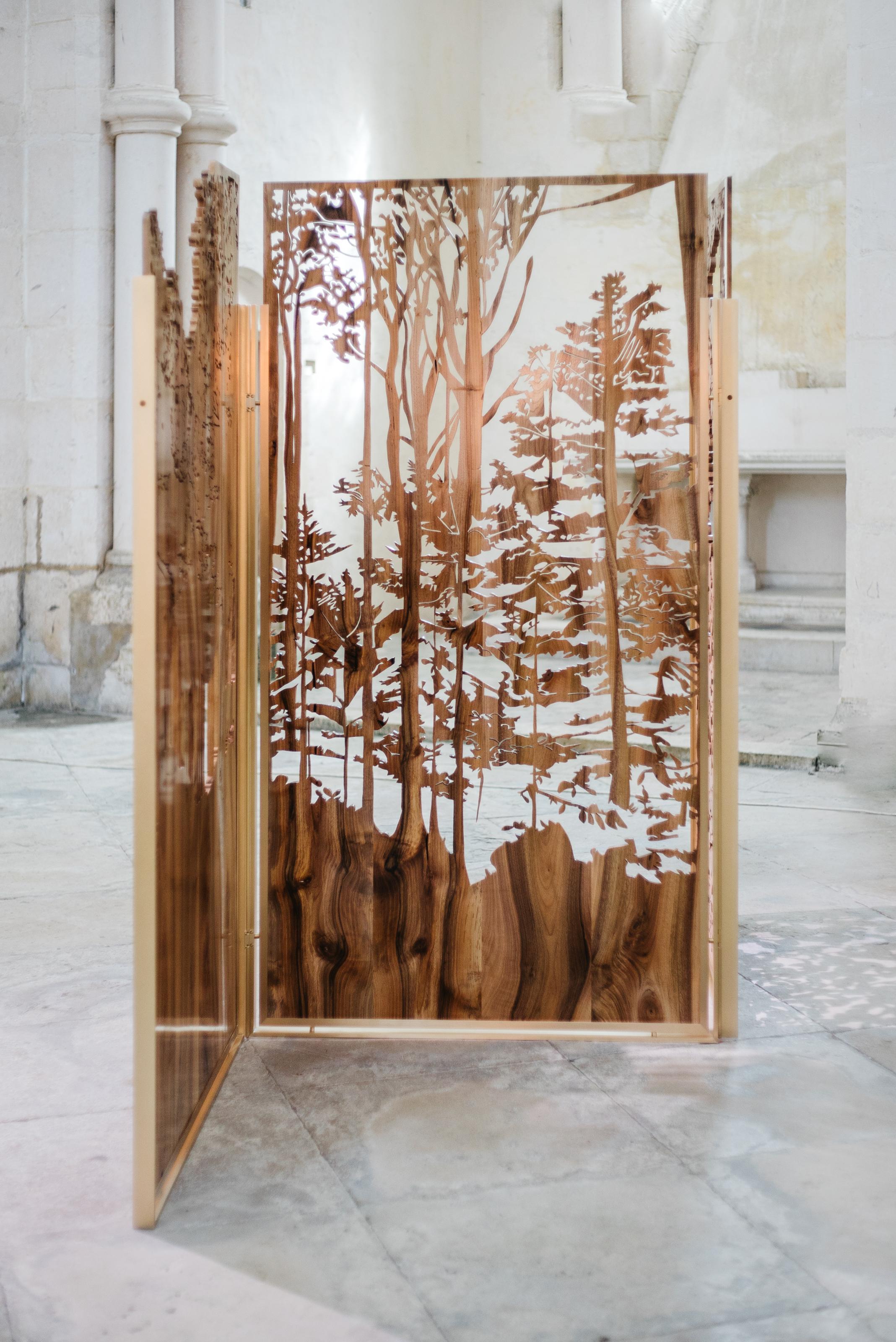 Contemporary Unique Hand-Sculpted Walnut and Brass Screen by Clothilde Gosset