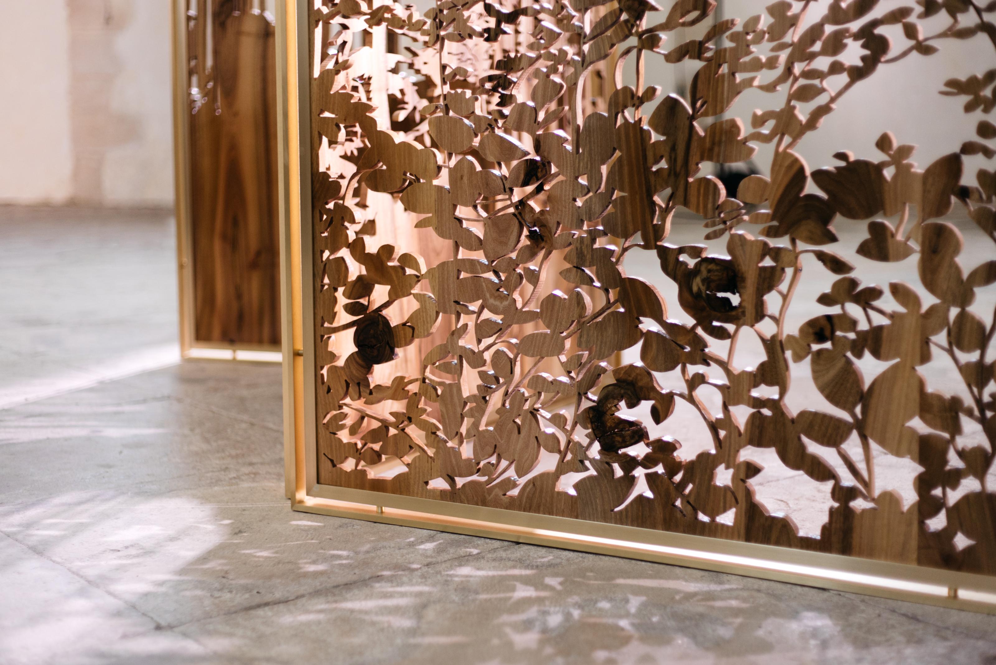 Unique Hand-Sculpted Walnut and Brass Screen by Clothilde Gosset 1