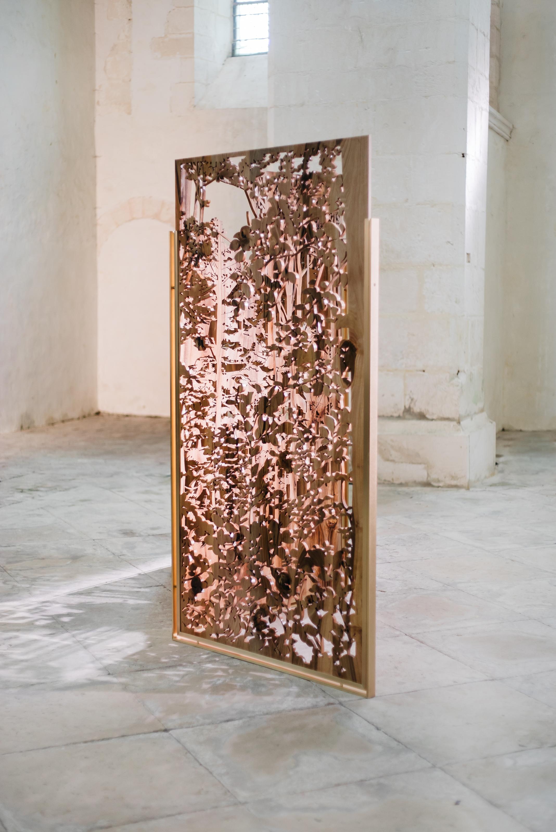 Unique Hand-Sculpted Walnut and Brass Screen by Clothilde Gosset 2